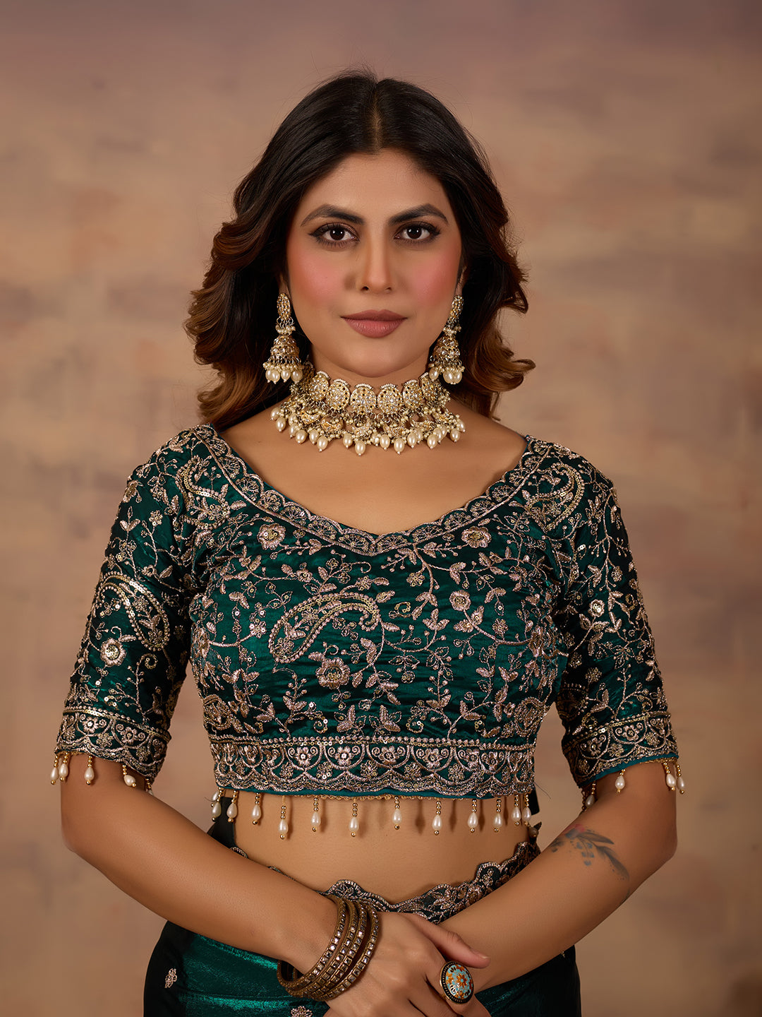 Rama Green Satin Silk Designer Saree With Embroidery Work