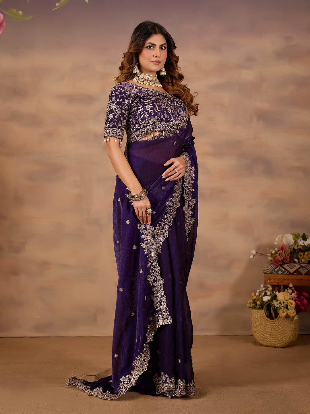 Purple Satin Silk Embroidered Wedding Wear Saree