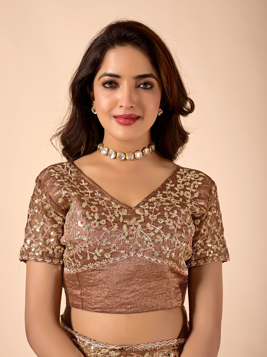 Brown Chiffon Silk Embroidered Saree With Heavy Sequins Work