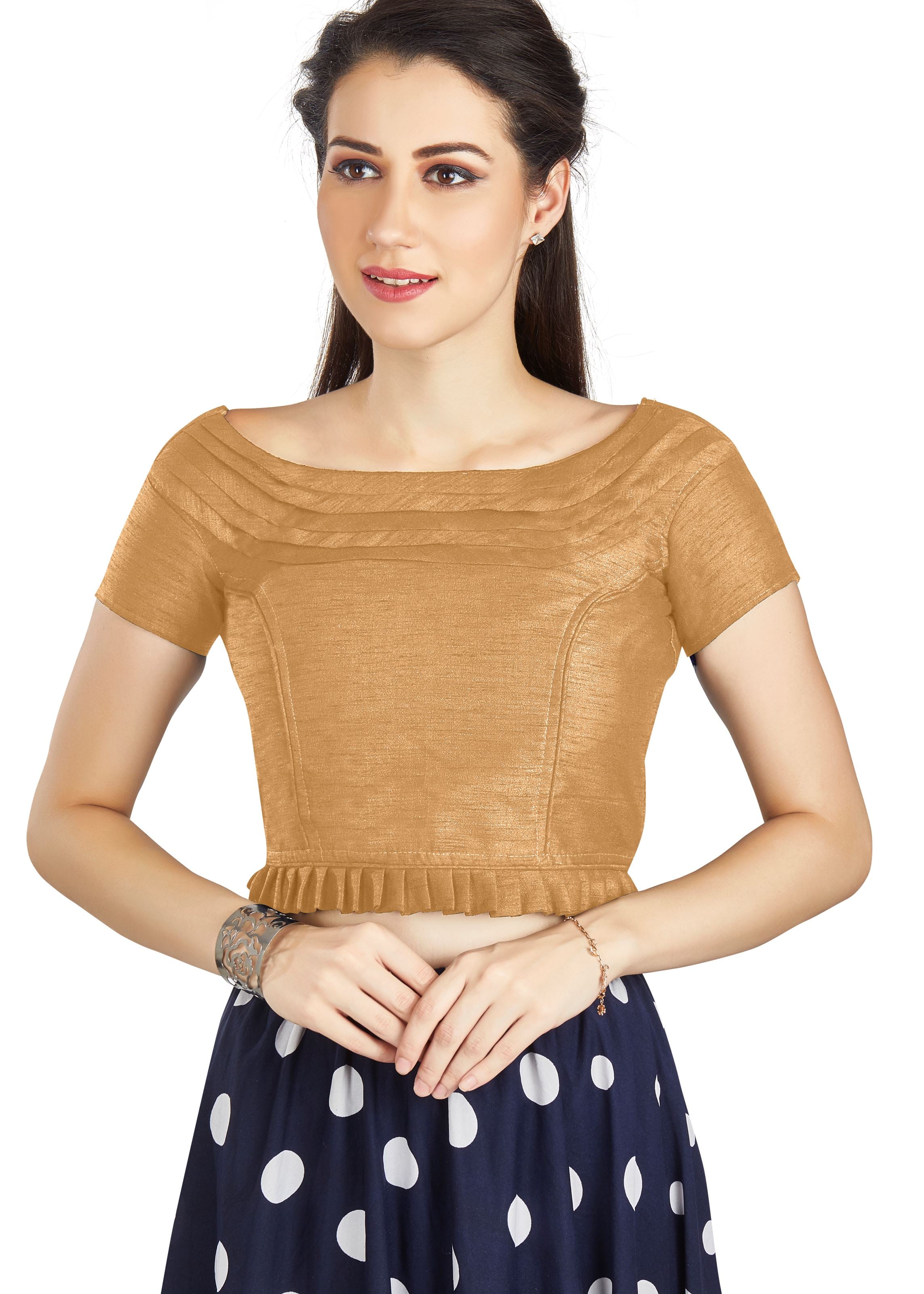 Beige Art Silk Pleated Boat Neck Blouse With Princece Blouse