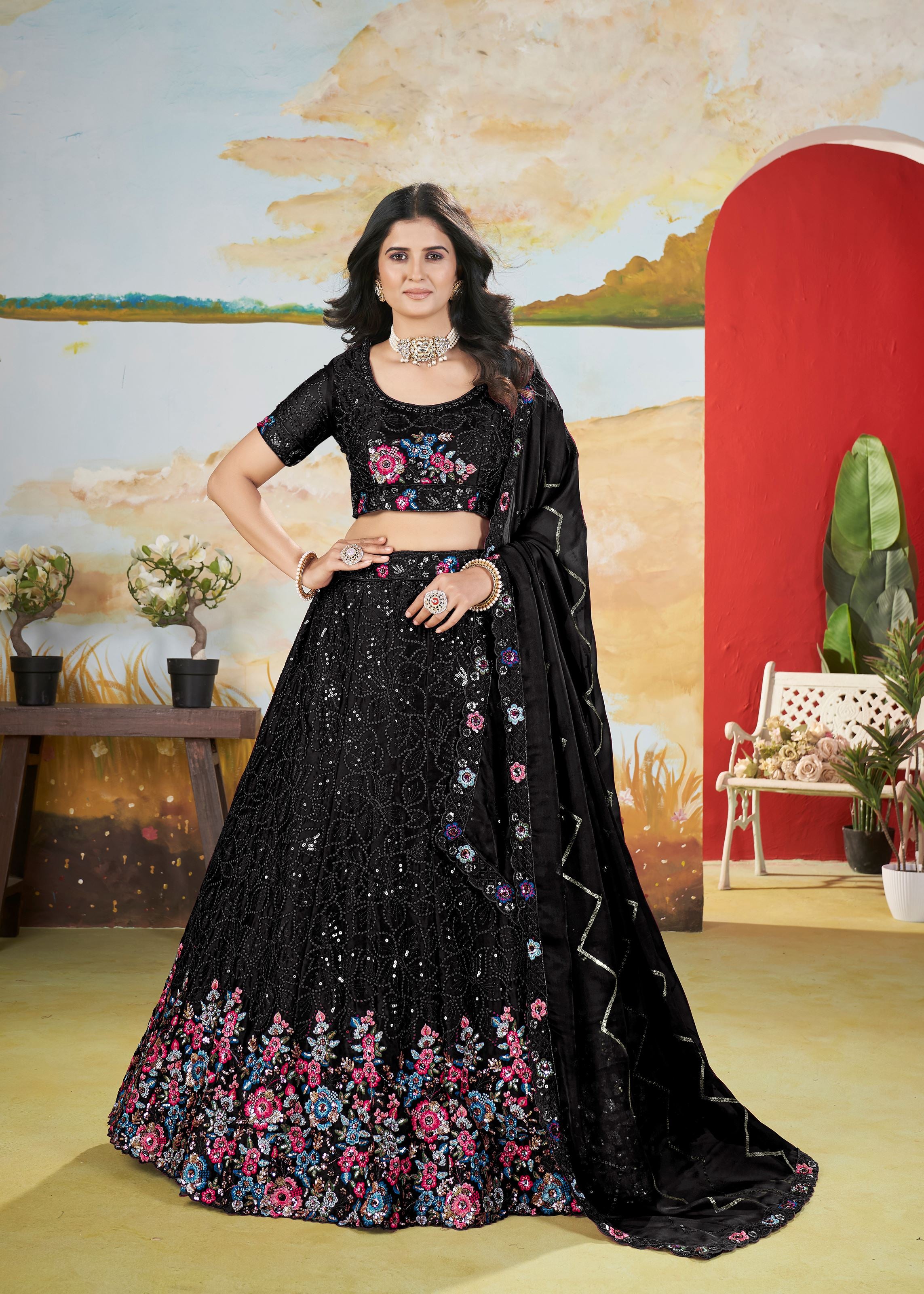 Black Chinnon Lehenga with Copper Sequins Multi Thread Embroidery