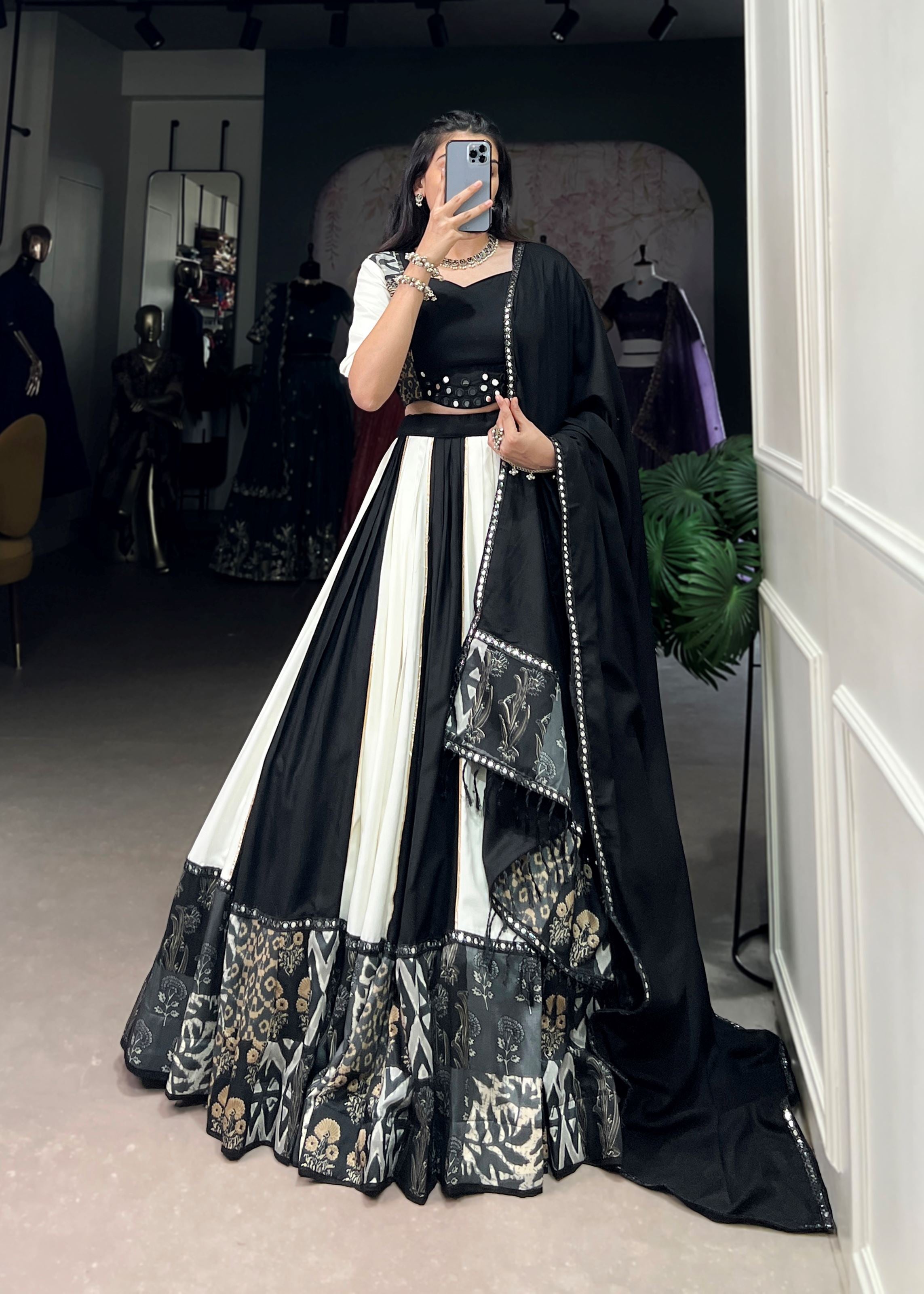 Black Printed Plain Rayon Lehenga with Mirror Lace and Gota Patti Sparkle