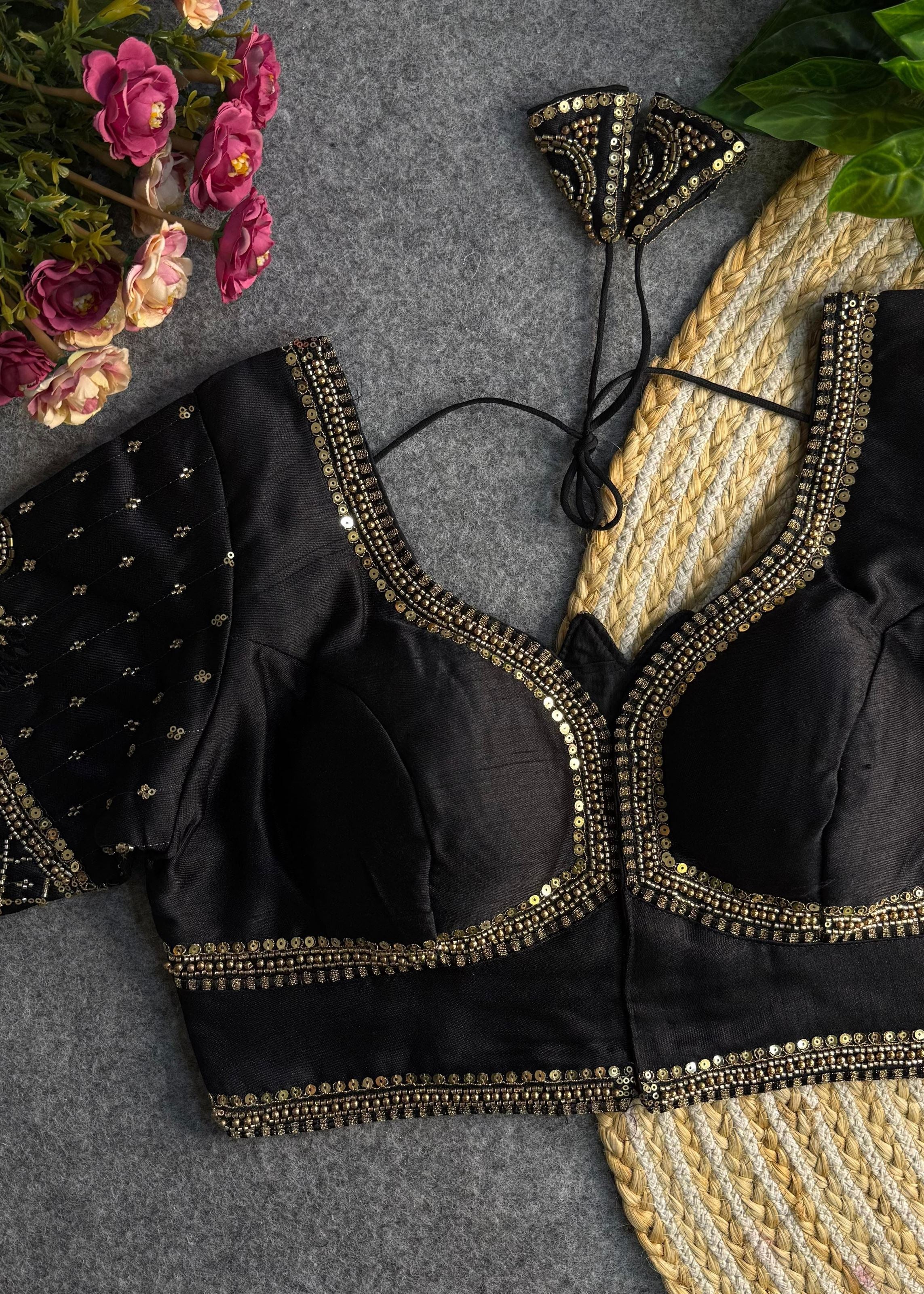 Black Sabyasachi-Inspired Heavy Bridal Blouse with Exquisite Lotus Beads Embroidery