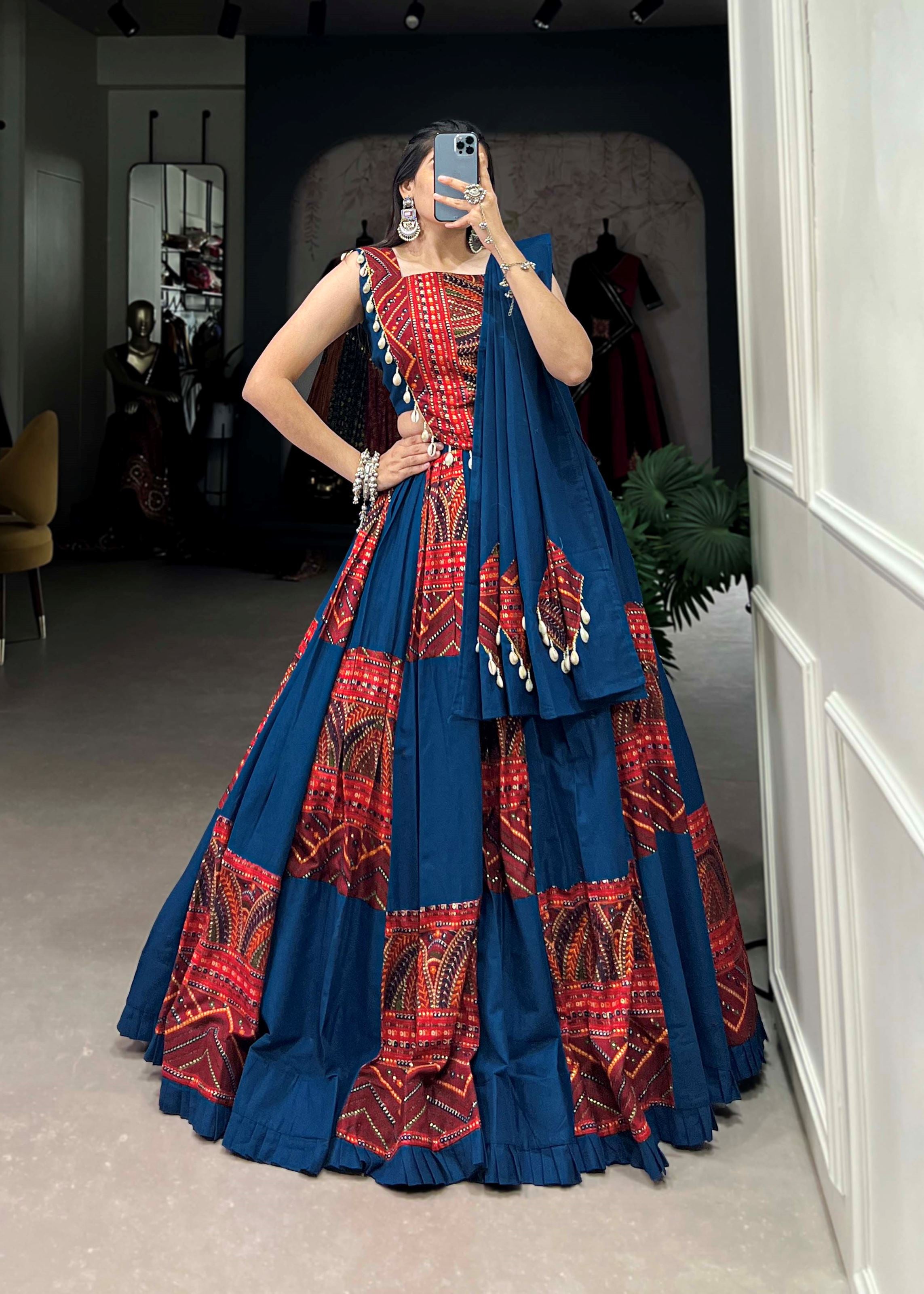 Blue-Maroon Plain Printed Lehenga Choli with Foil Work Finish