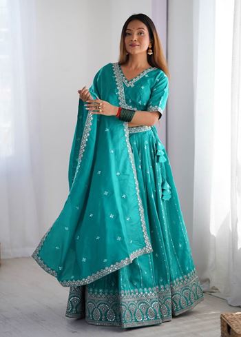 Blue Lehenga Choli With Thread Sequnce Work