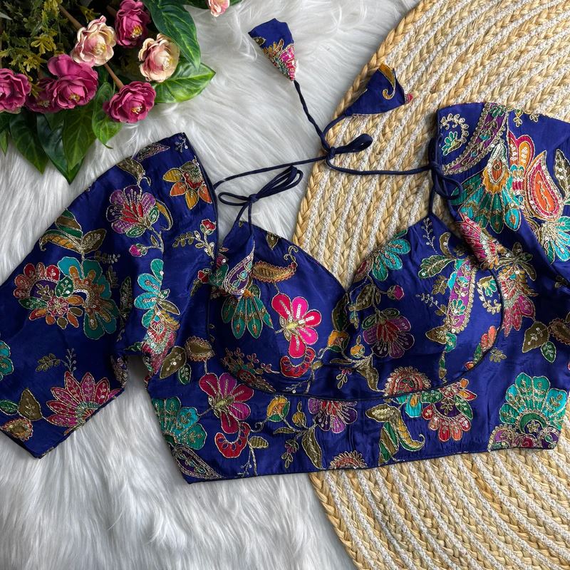 Blue Position Print Masaba Blouse With Codding Sequence Work