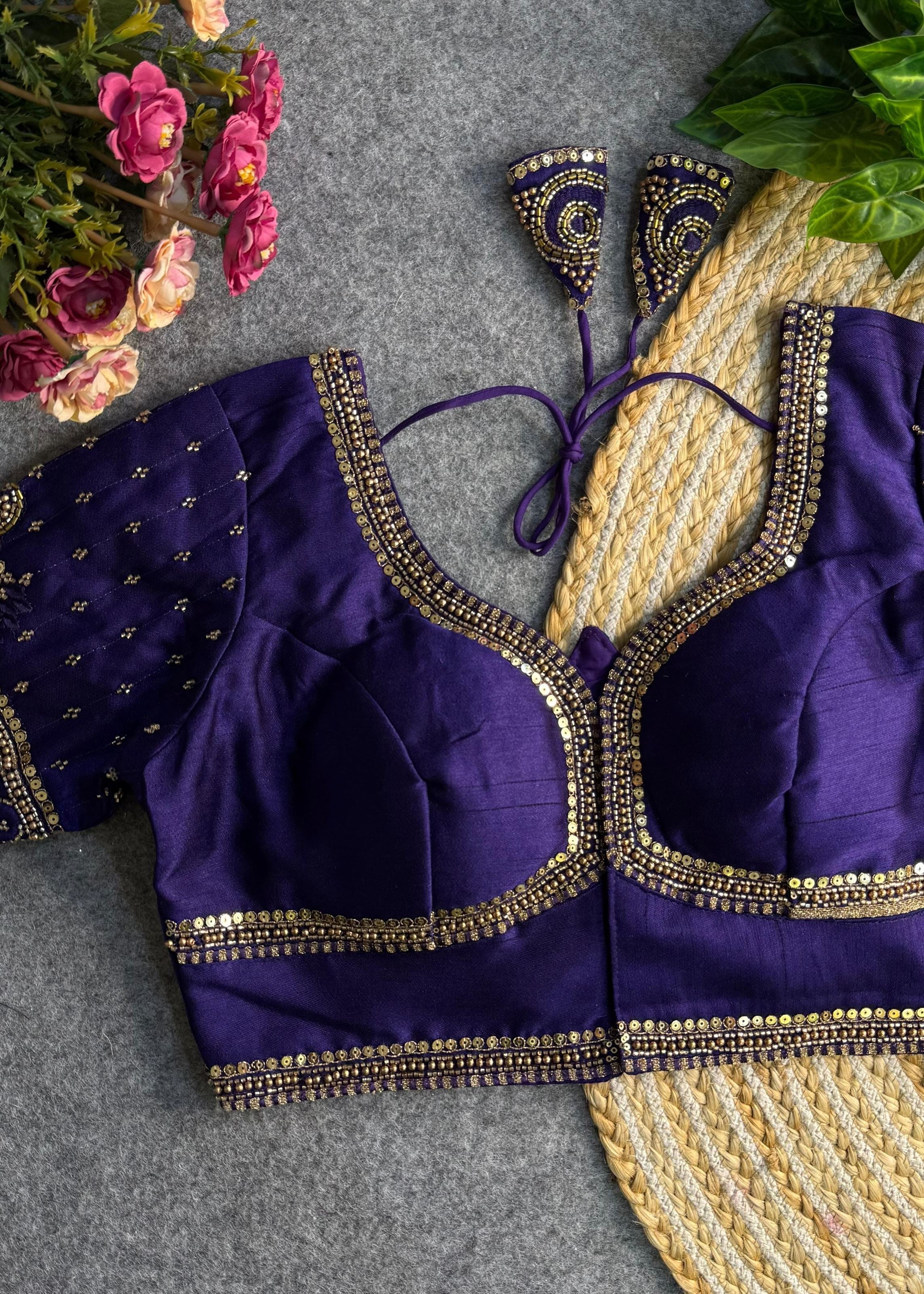 Blue Sabyasachi-Inspired Heavy Bridal Blouse with Exquisite Lotus Beads Embroidery