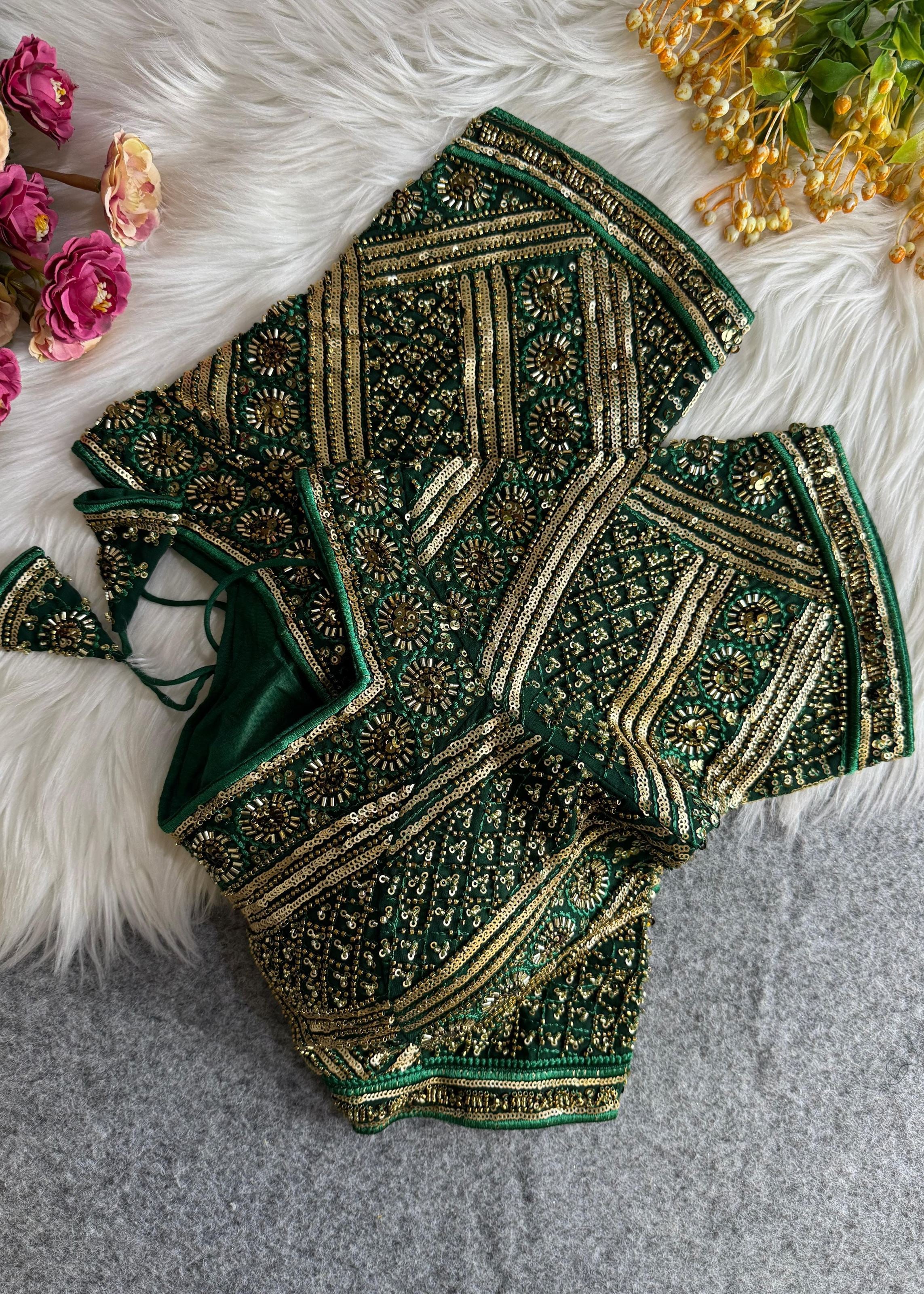 Bottle Green Handcrafted Royal Saree Blouse with Zari & Mirror Work
