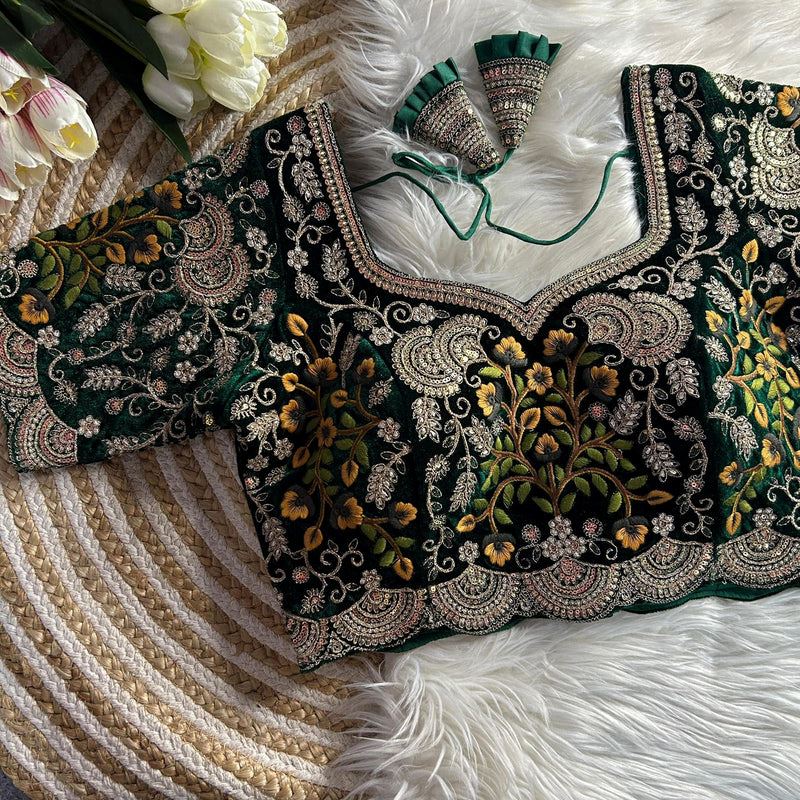 Bottle Green Velvet Bridal Blouse with Multicolor Thread & Zardosi Embroidery
