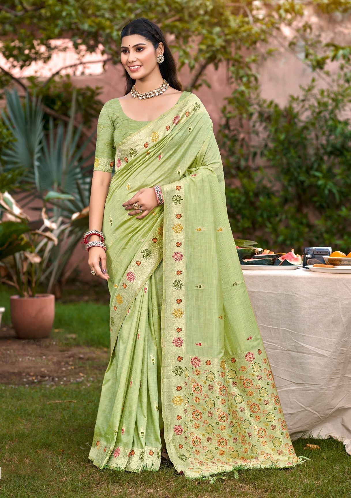 Celestial Light Green Assam Silk Meenakari Festival Saree