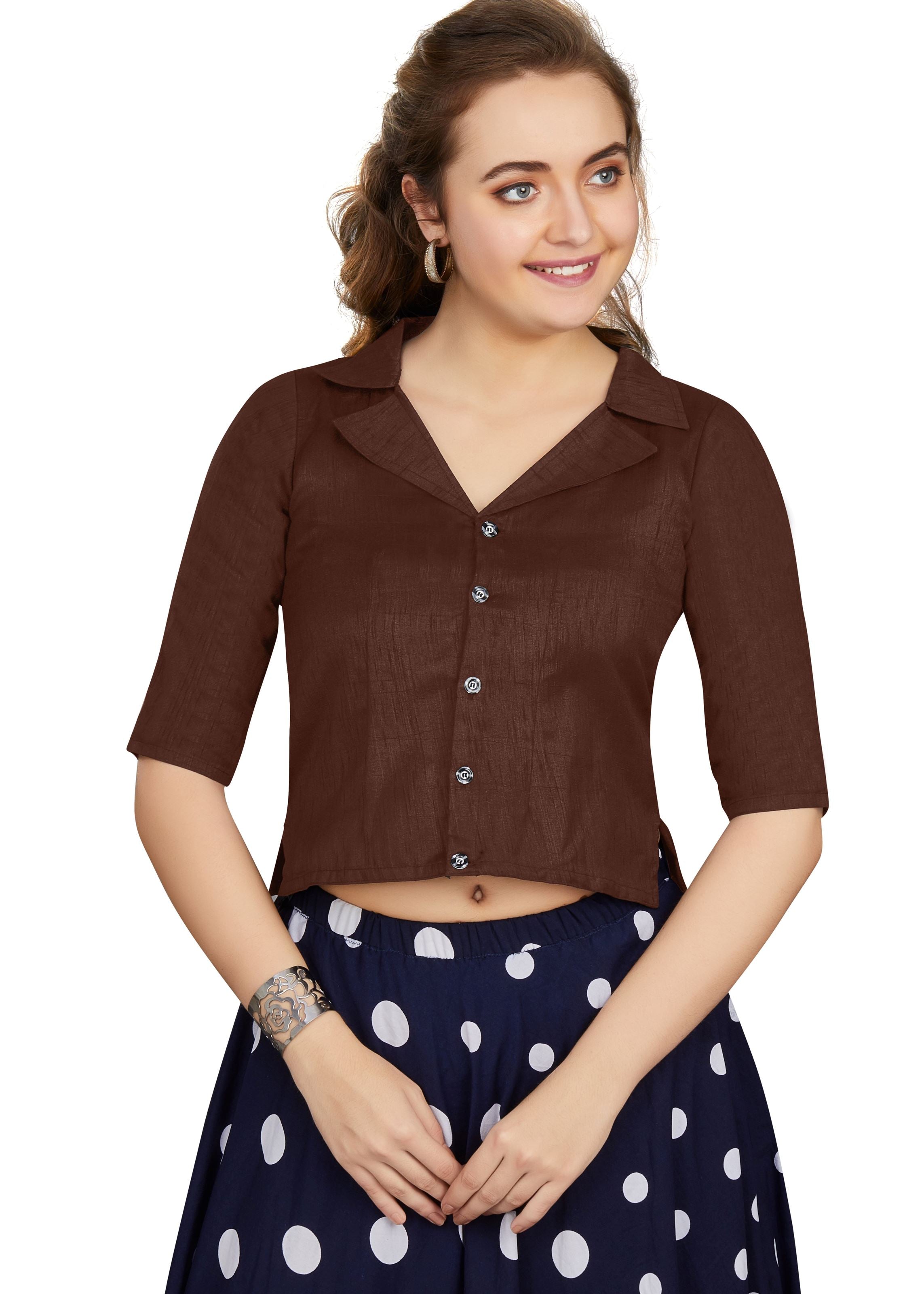 Coffee Art Silk Collar Neck Plain Blouse