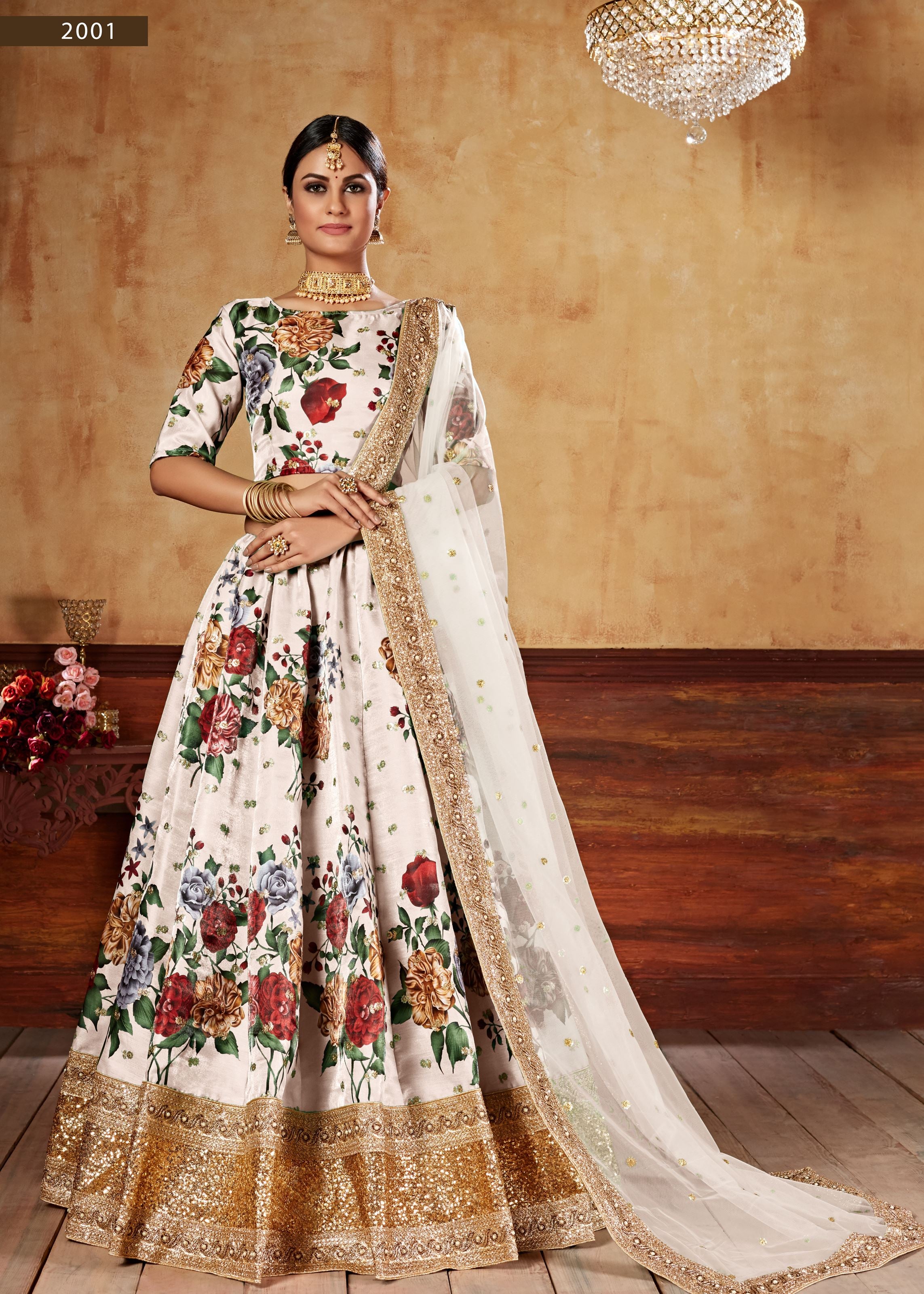 Cream Lehenga Choli With Digital Print And Dori With Jari Sequins Butti,Embroidered Border And Pearl Work