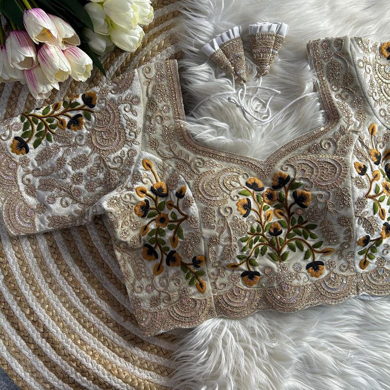 Cream Velvet Bridal Blouse with Multicolor Thread & Zardosi Embroidery