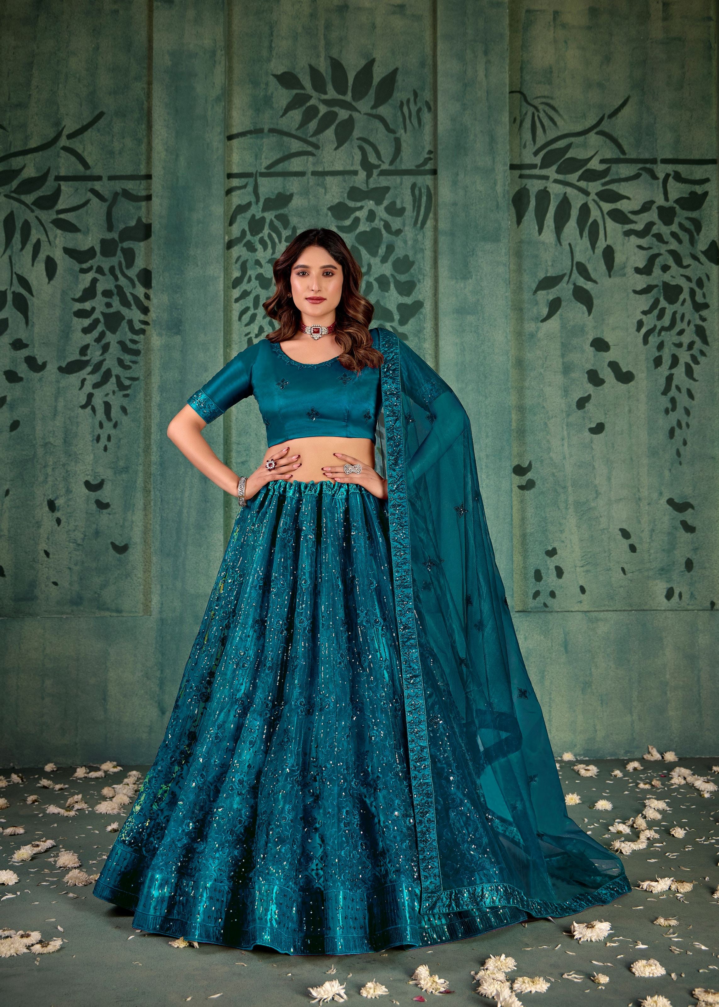 Crystal Teal Net Lehenga with Stylish Sequin Detailing