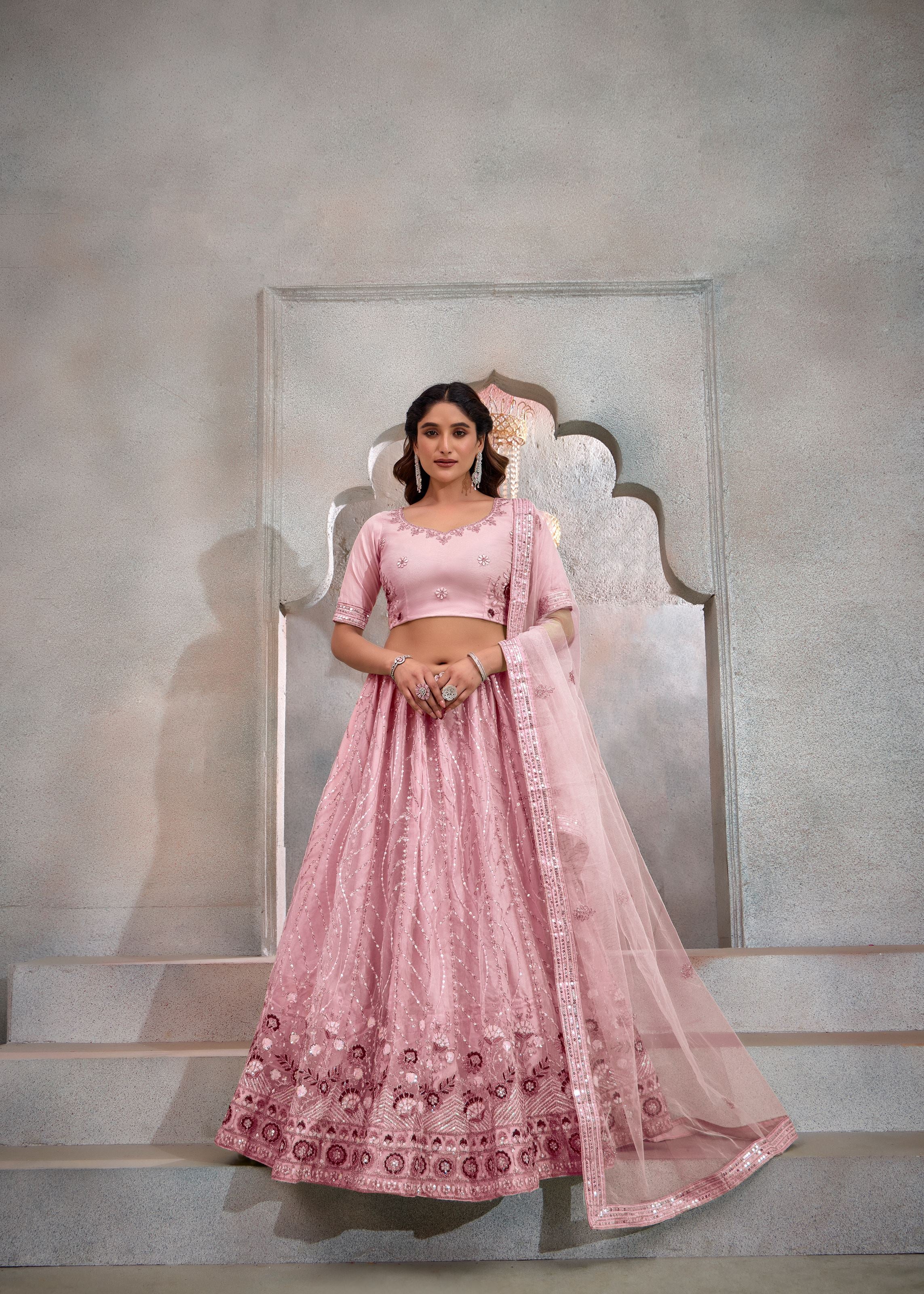 Dark Peach Net Lehenga with Sequin Embroidery Highlights