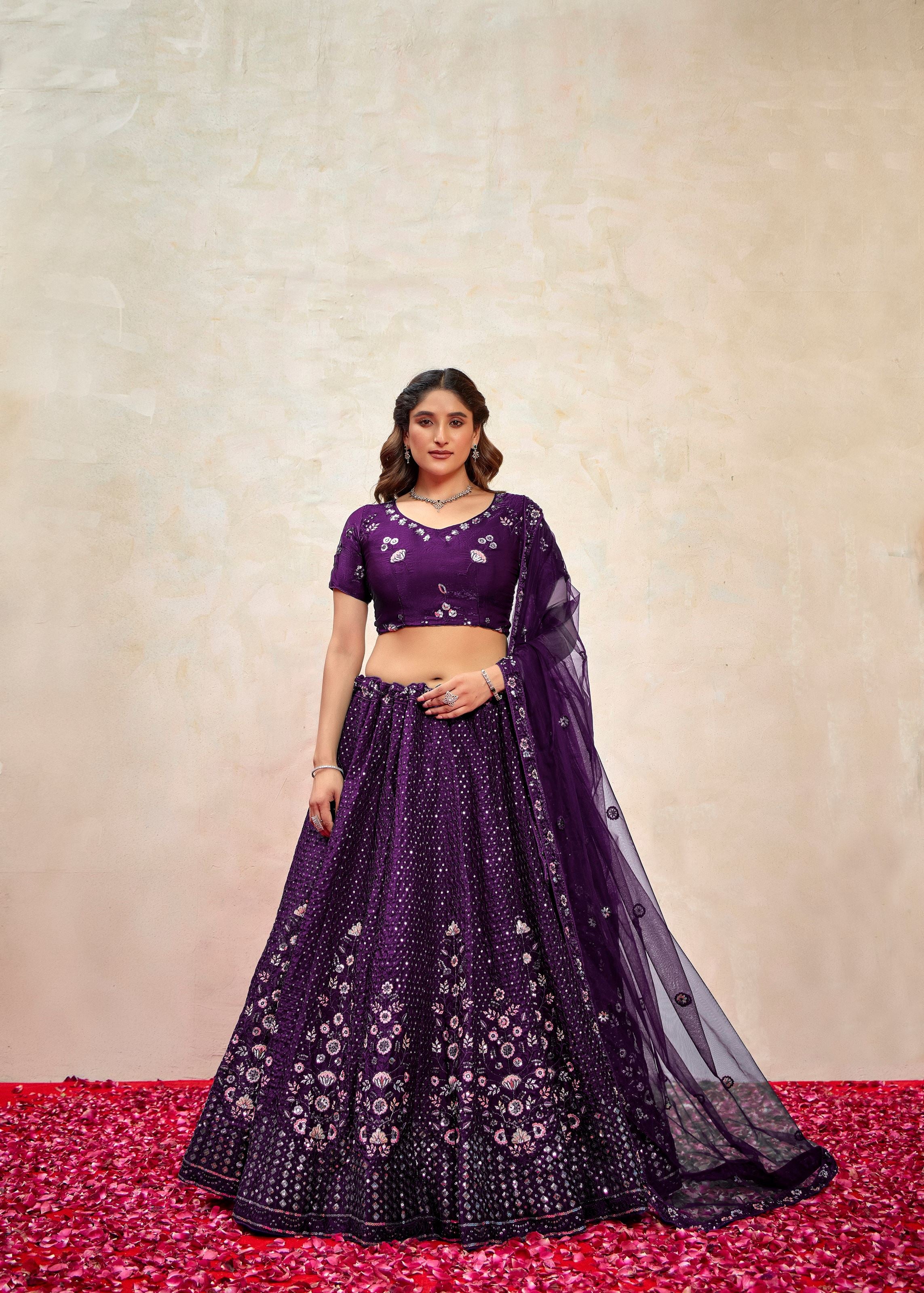 Deep Violet Silk Lehenga with Allover Sequin Embroidery