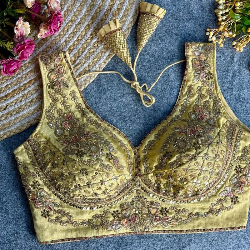 Golden Elegant Bridal Sabyasachi Blouse with Heavy Work -12"Sleeves Attached