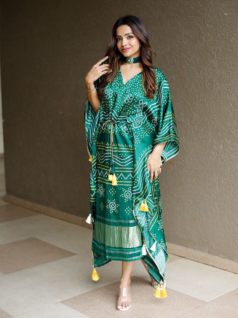 Green Color Pure Gaji Silk Kaftan with Gotta Patti Tassels