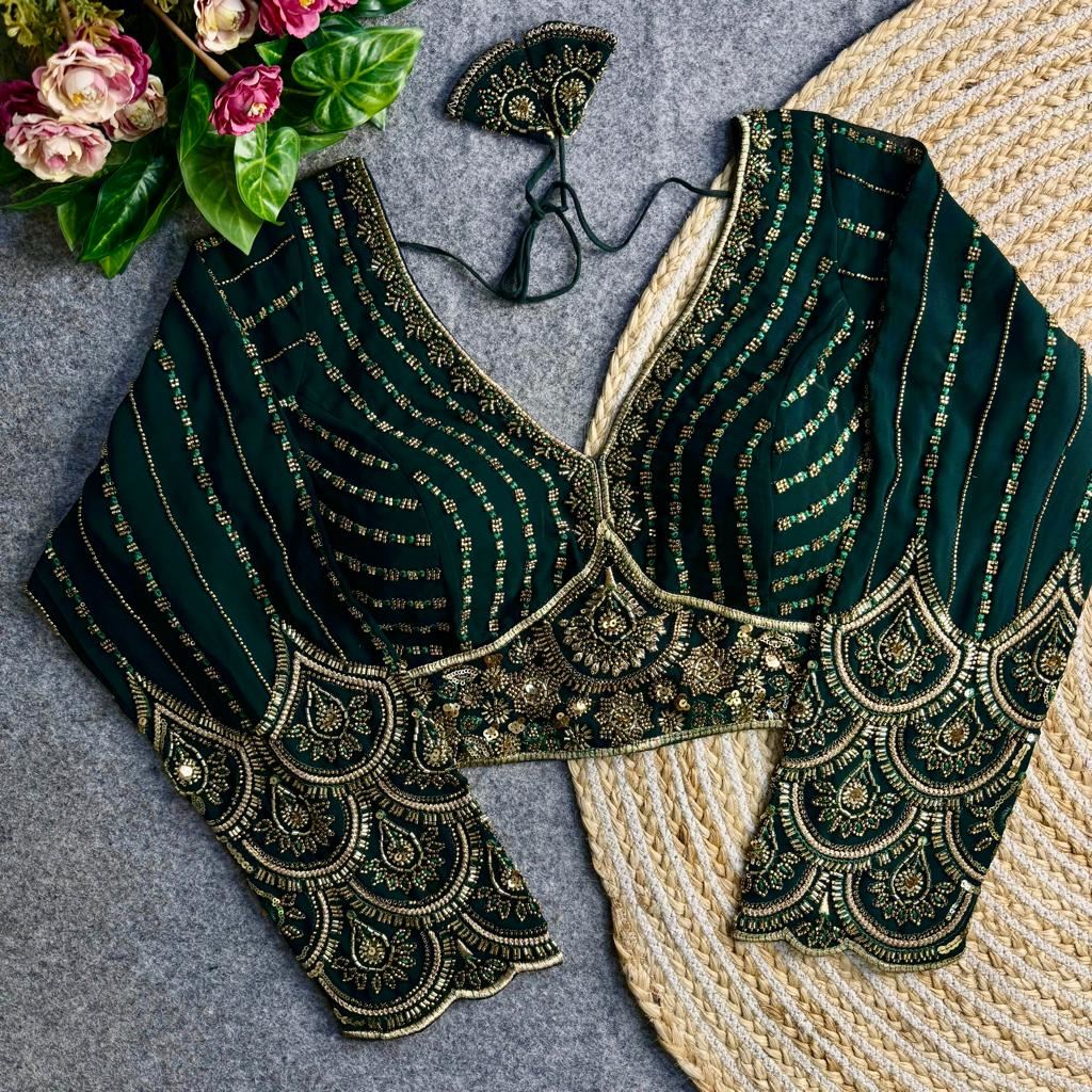Green Georgette Blouse with Heavy Thread Embroidery Sequins Work
