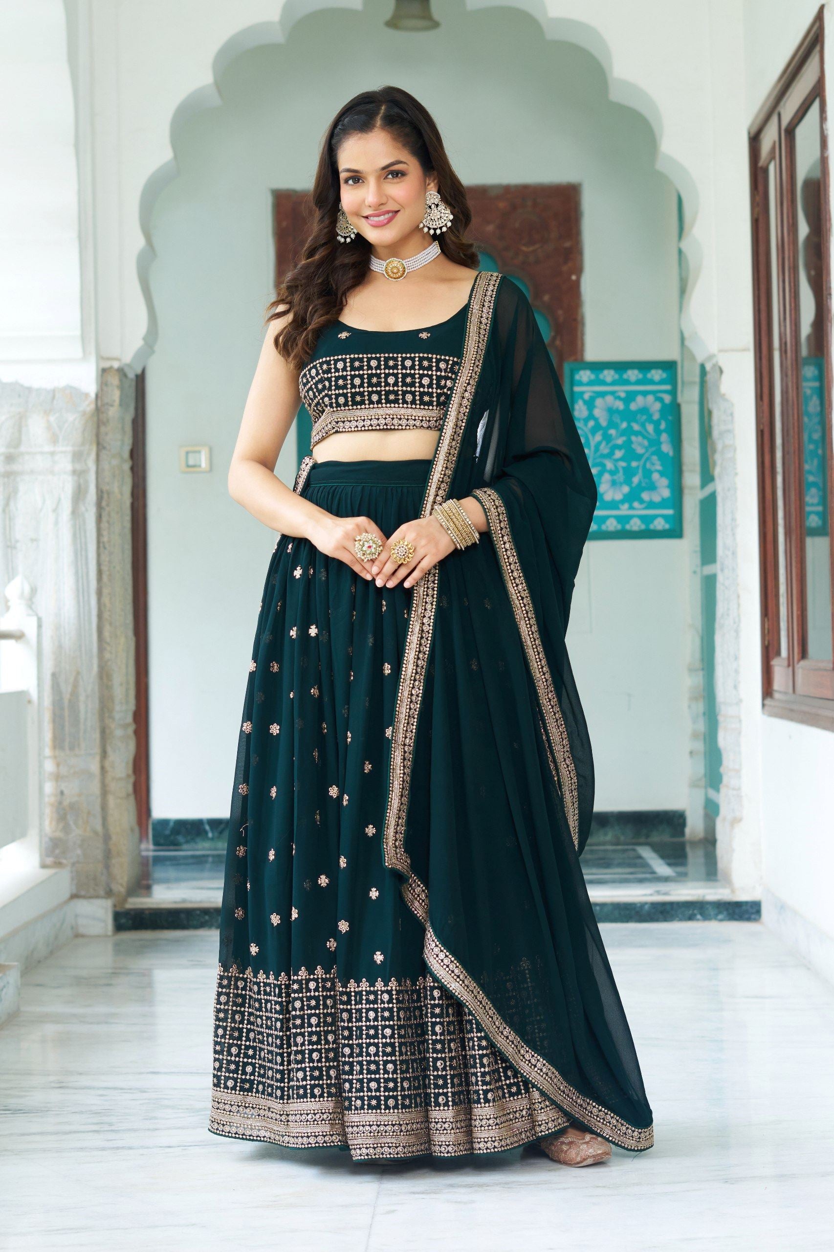Green Lehenga Choli With Heavy Embroidery Withmulti Thread Sequence Work