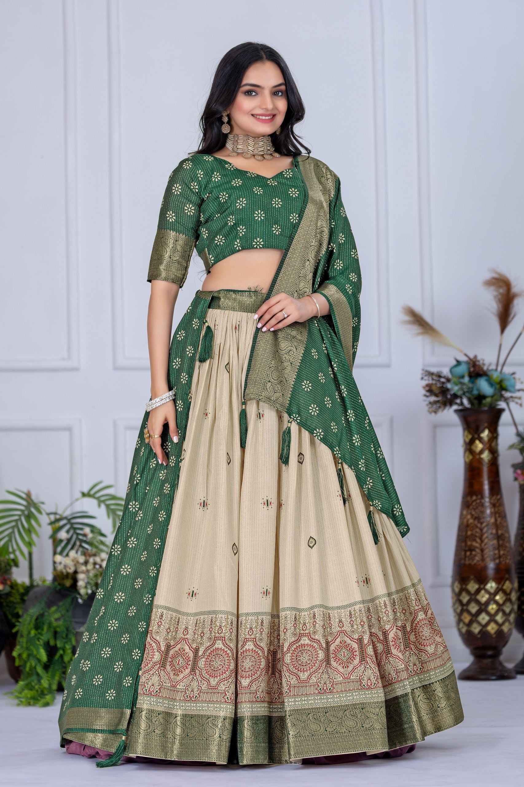 Green Lehenga Choli with Jacquard Jari Lining and Printed Detailing