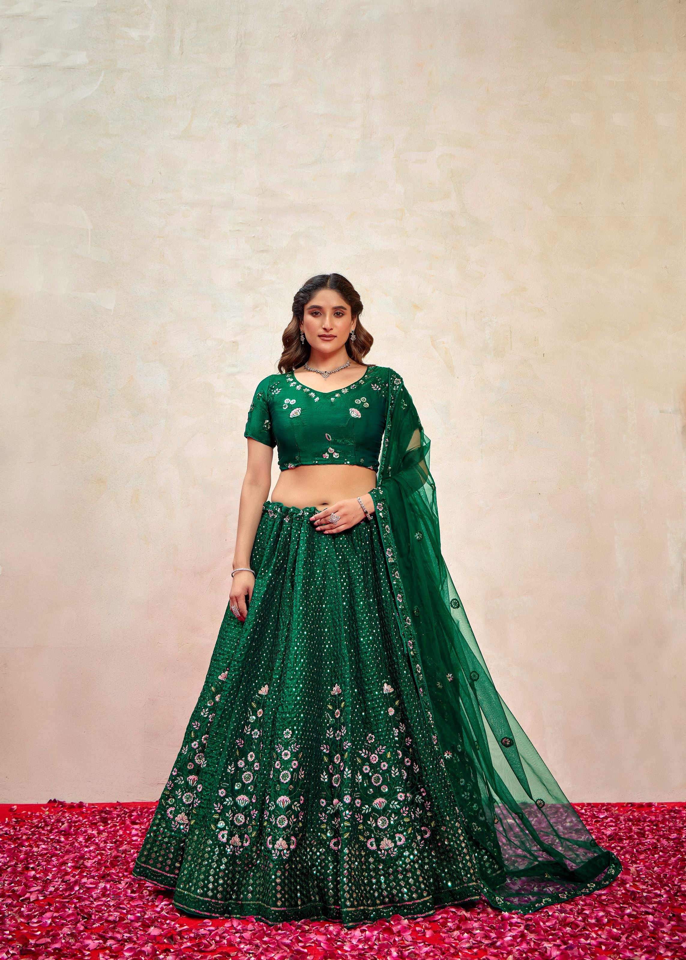 Green Silk Blend Lehenga with Modern Sequence Work