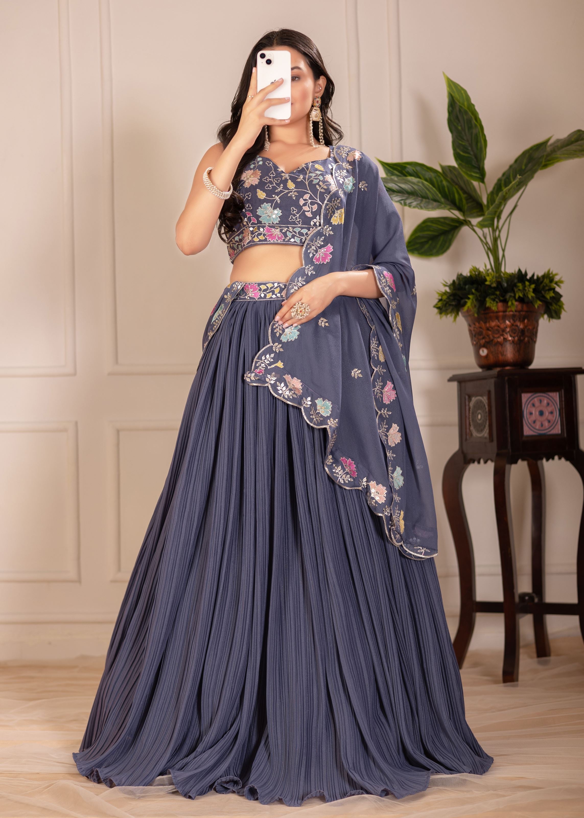 Grey Lehenga Choli With Embroidery With Multi Thread Sequence Work