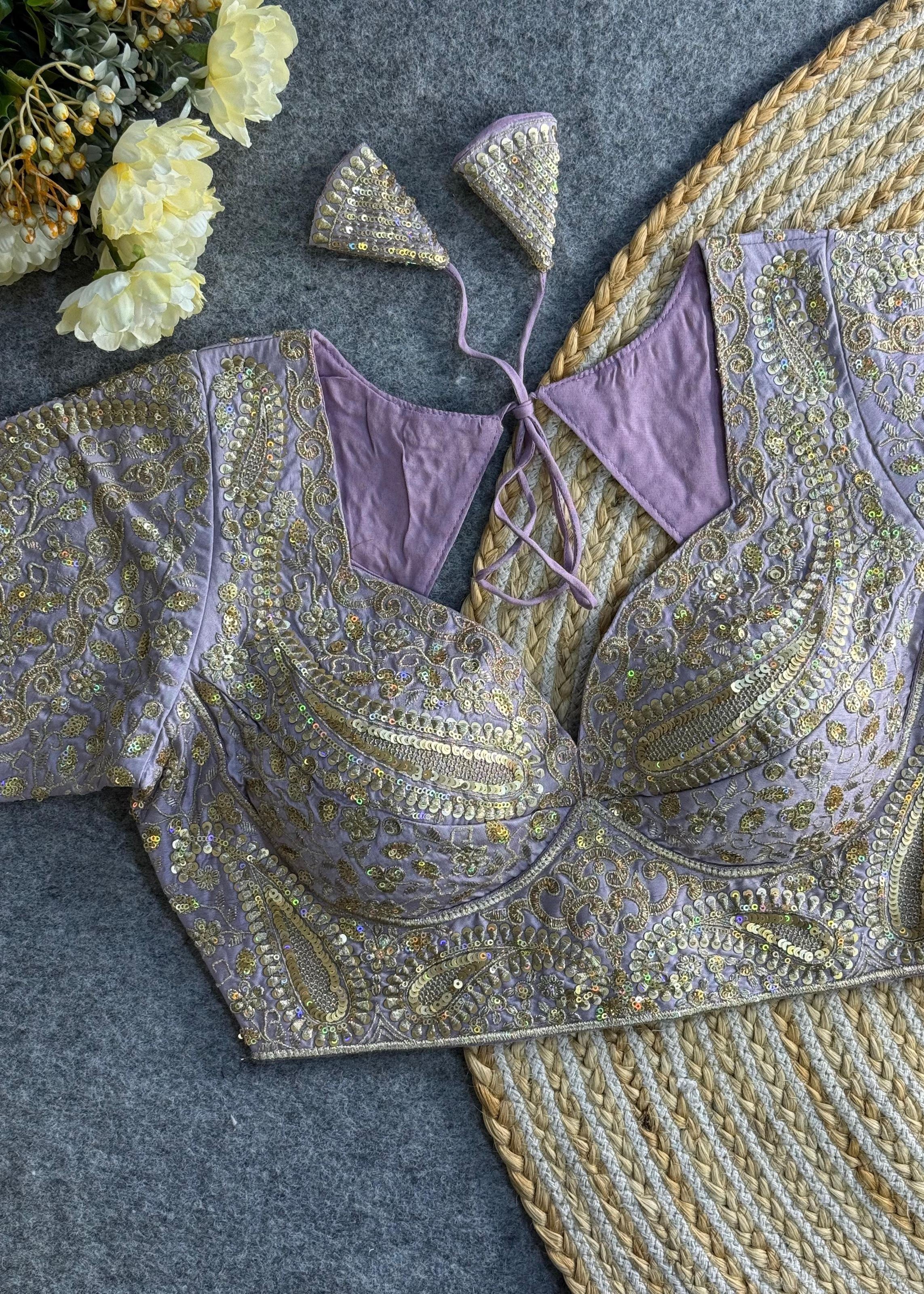 Lavender Bridal Blouse with Deep V-Neck & Heavy Paisley Embroidery