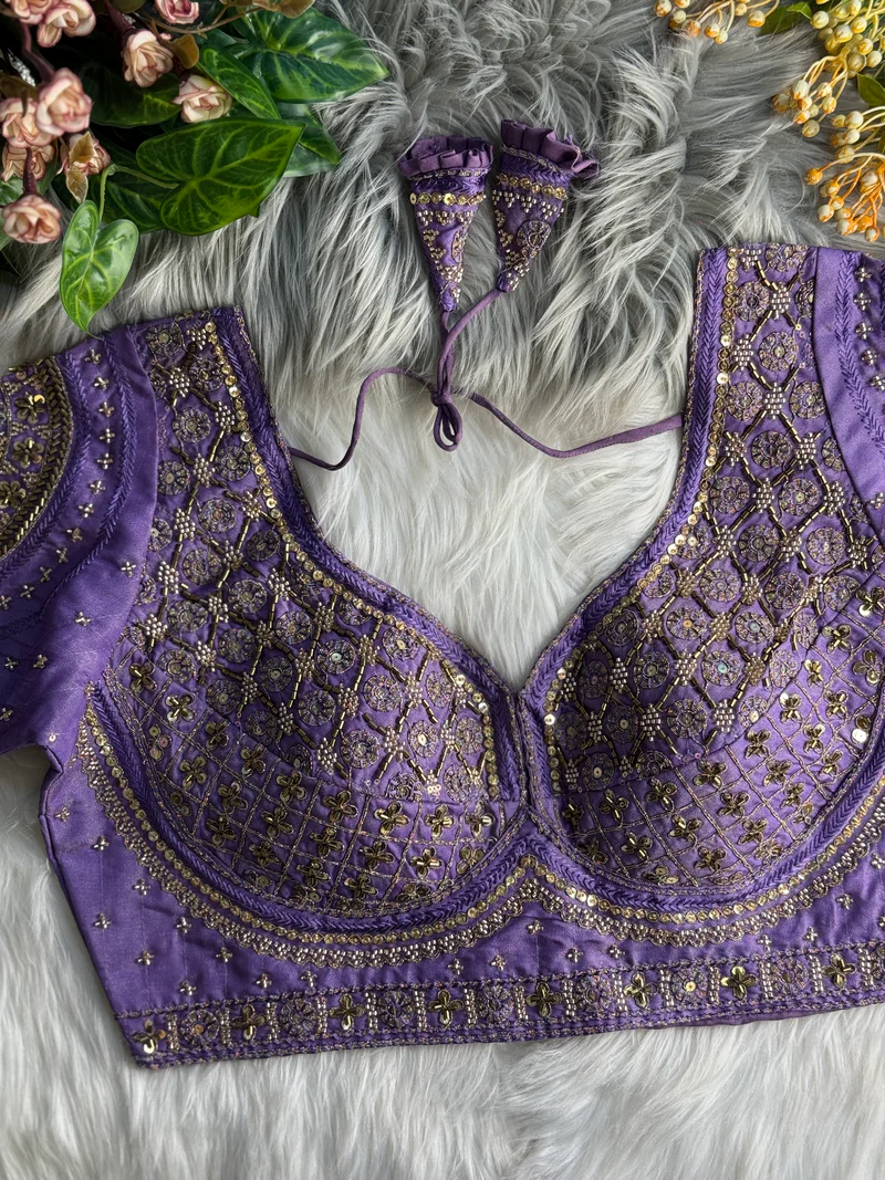 Lavender Embroidered Sweetheart Neck Blouse with Sequin Work & Scallop Cut