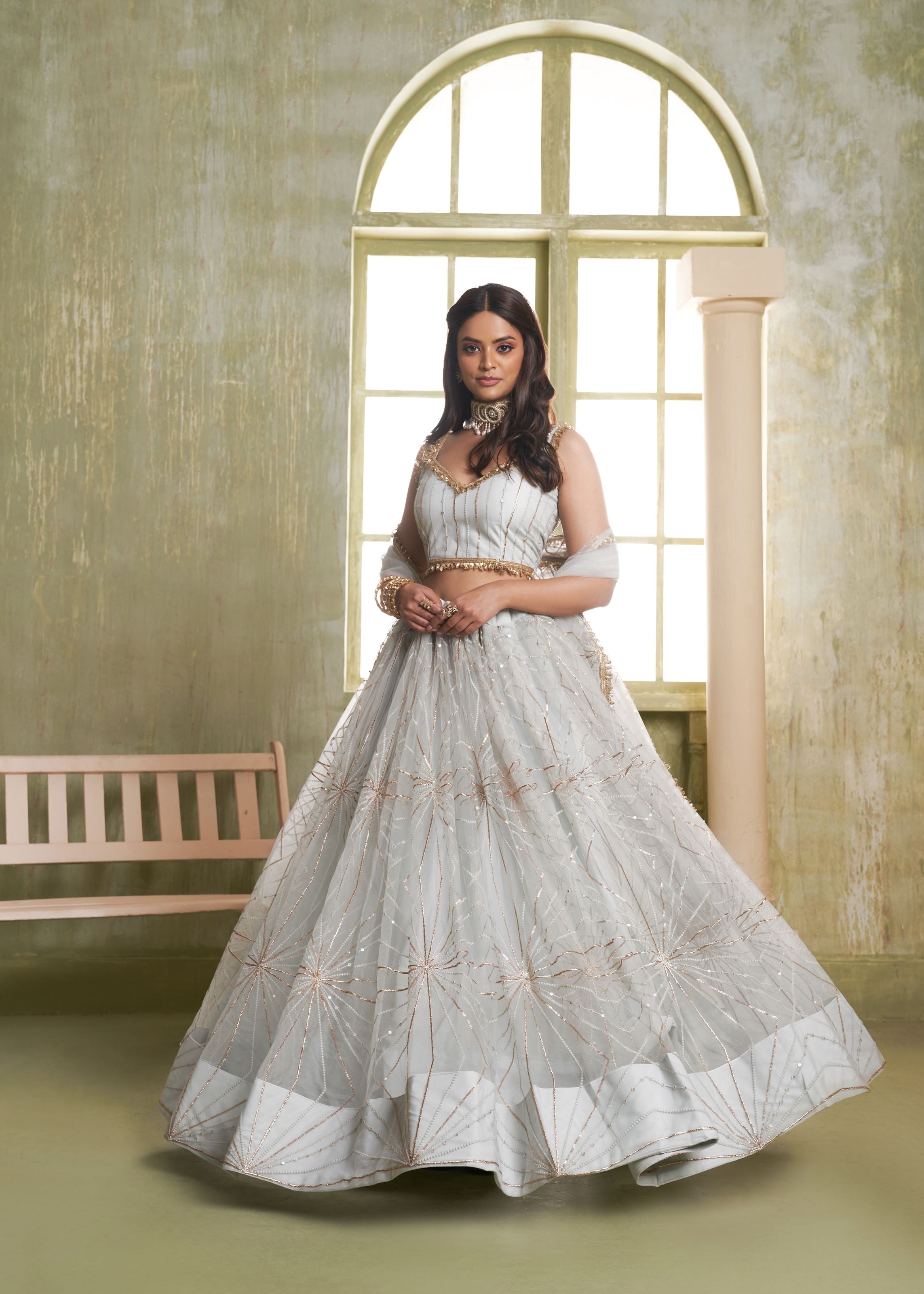 Light Grey Net Lehenga with Thread Zari Sequence Detailing