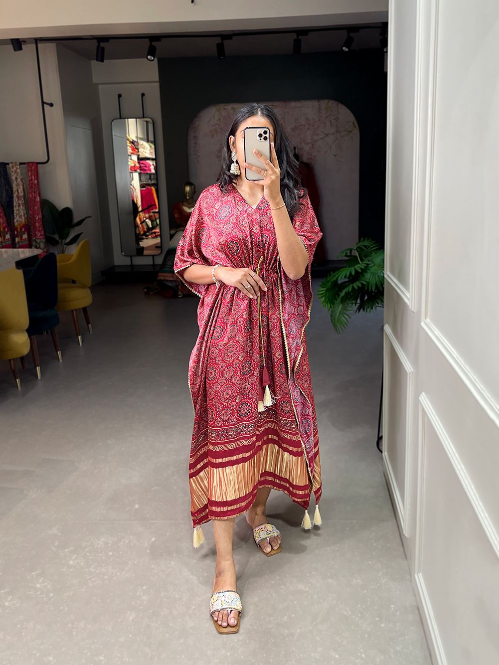 Maroon Color Pure Gaji Silk Kaftan with Gotta Patti Tassels
