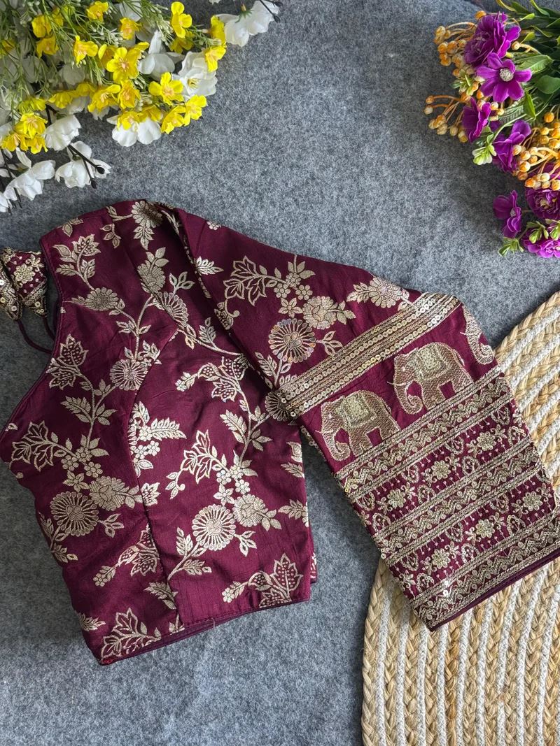 Maroon Elegant Silk Blouse with Intricate Elephant Design