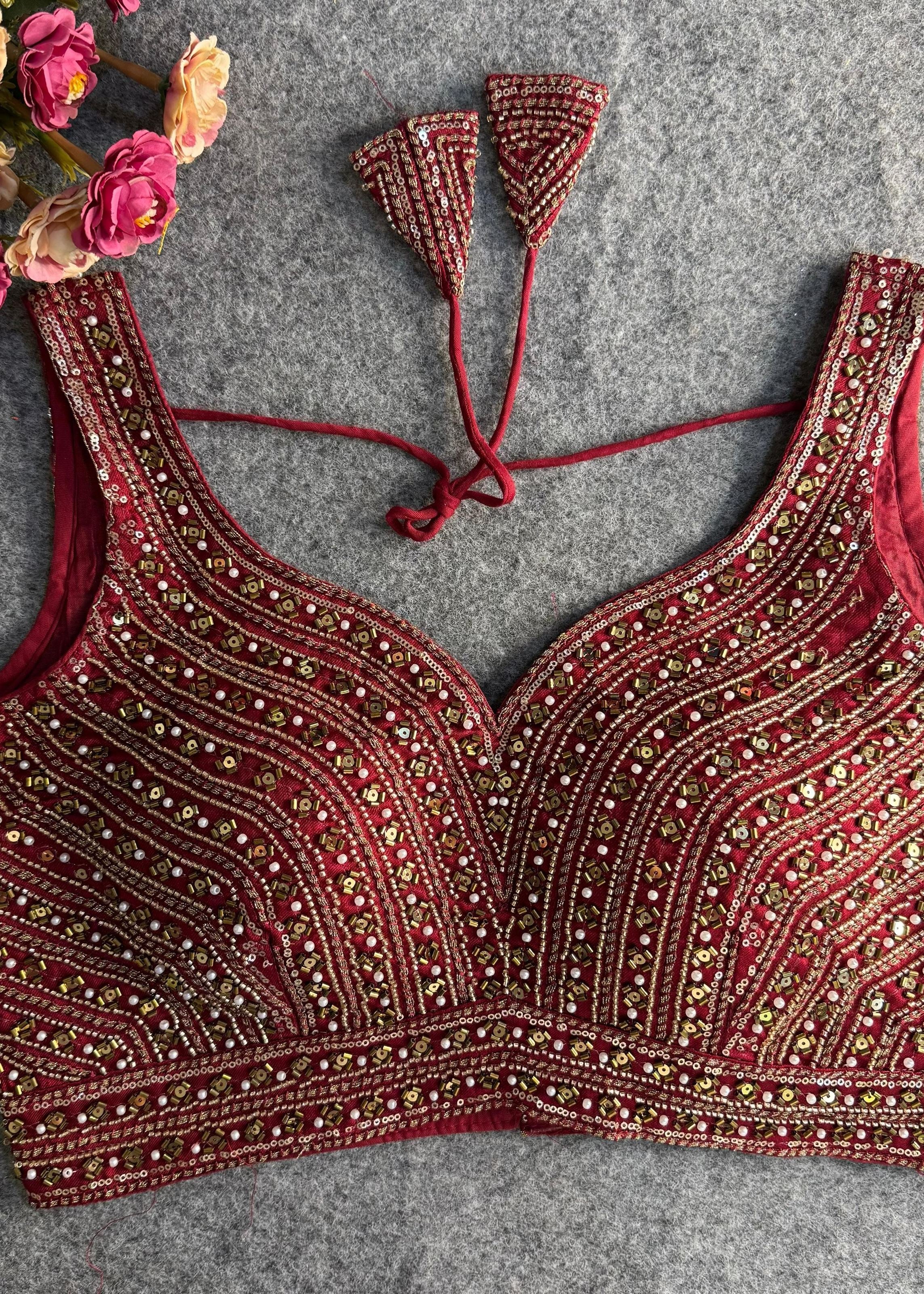 Maroon Hand Embroidered Mirror Work Designer Blouse