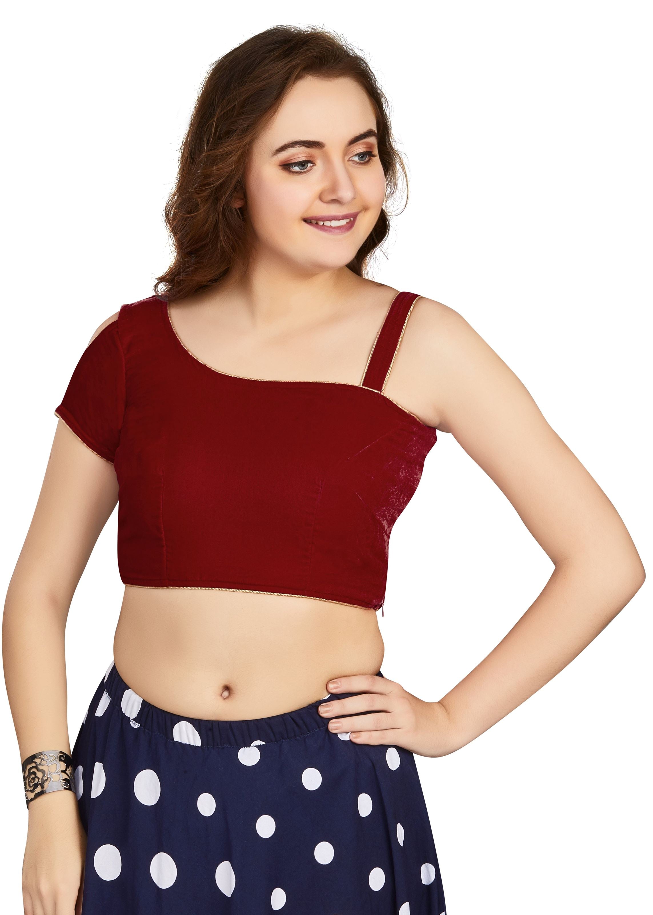 Maroon Velvet Boat Neck Plain Blouse