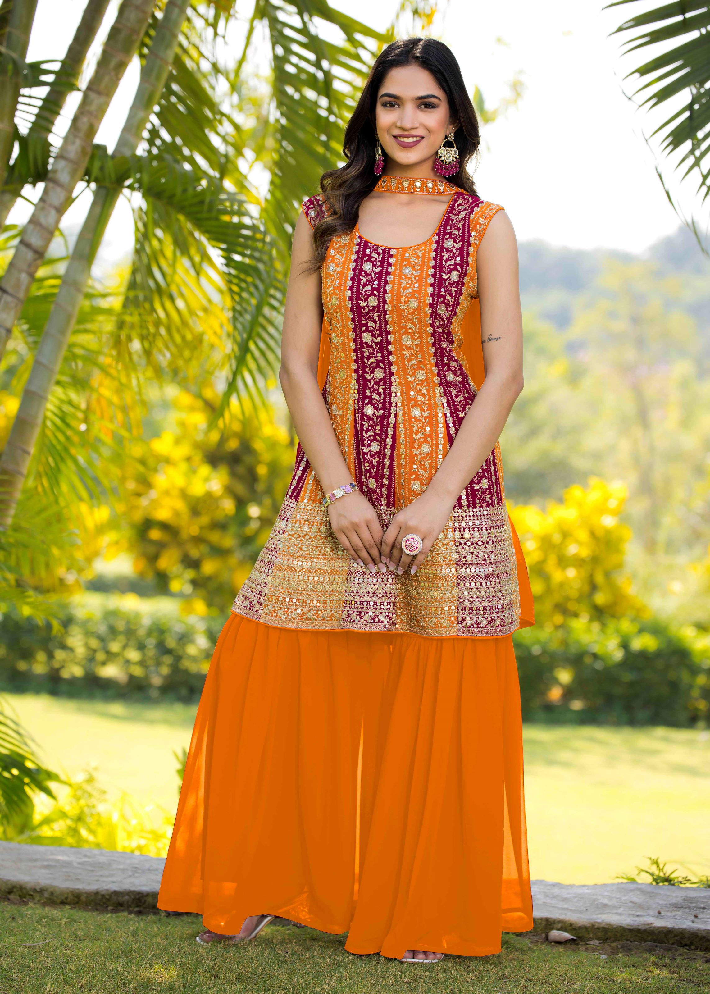 Multi Sharara Dress With Sequence Embroidered