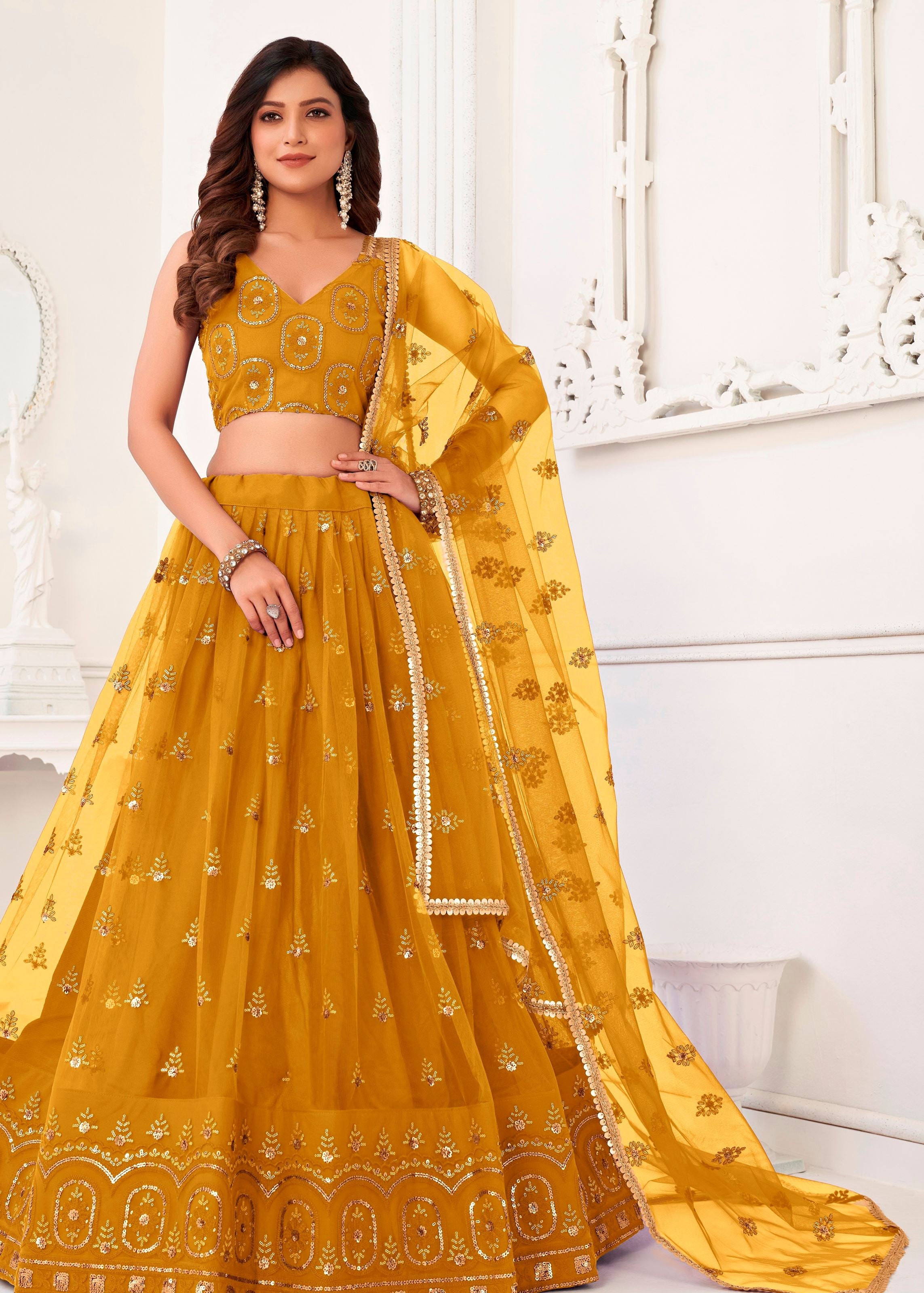 Mustard Butterfly Net Lehenga Choli With Thread And Zari Sandwich Sequence Embroidery Work