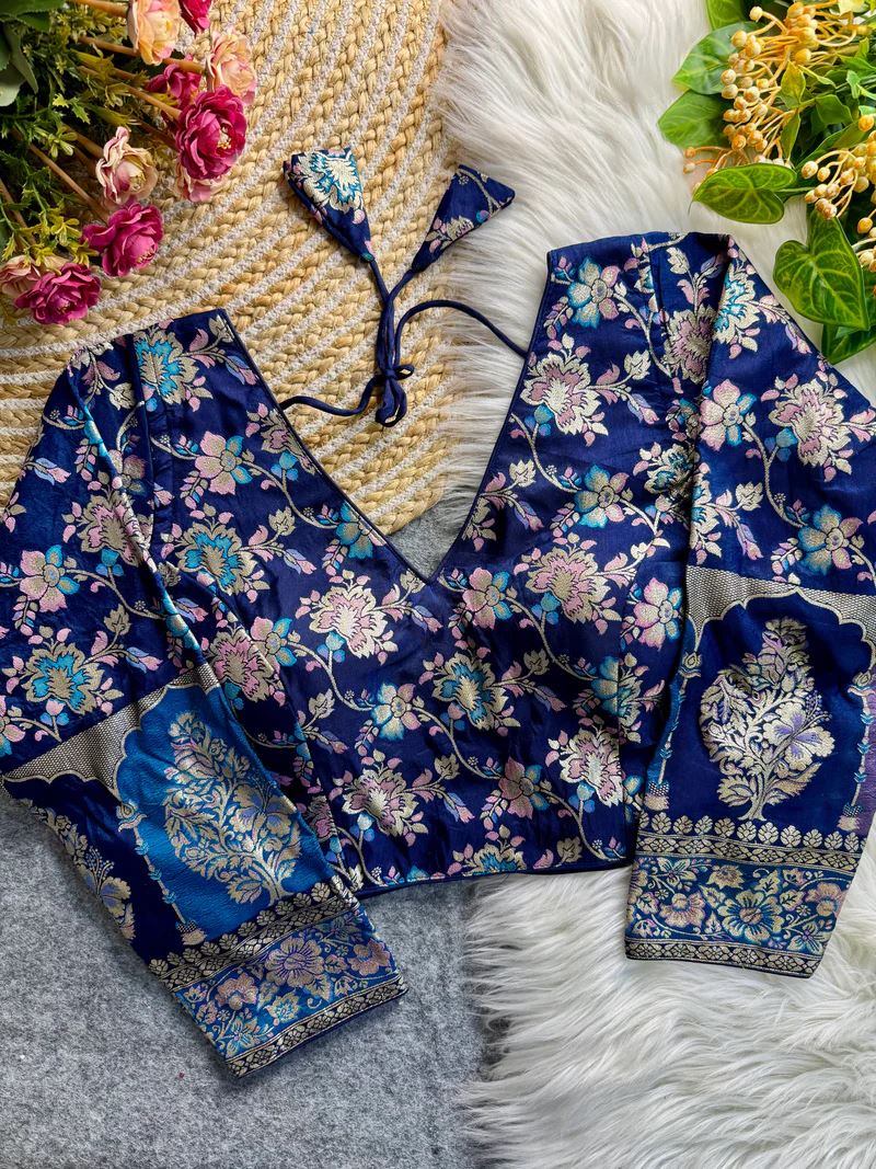 Navy Blue Soft Dola Silk Blouse with Woven Motifs Full Sleeves