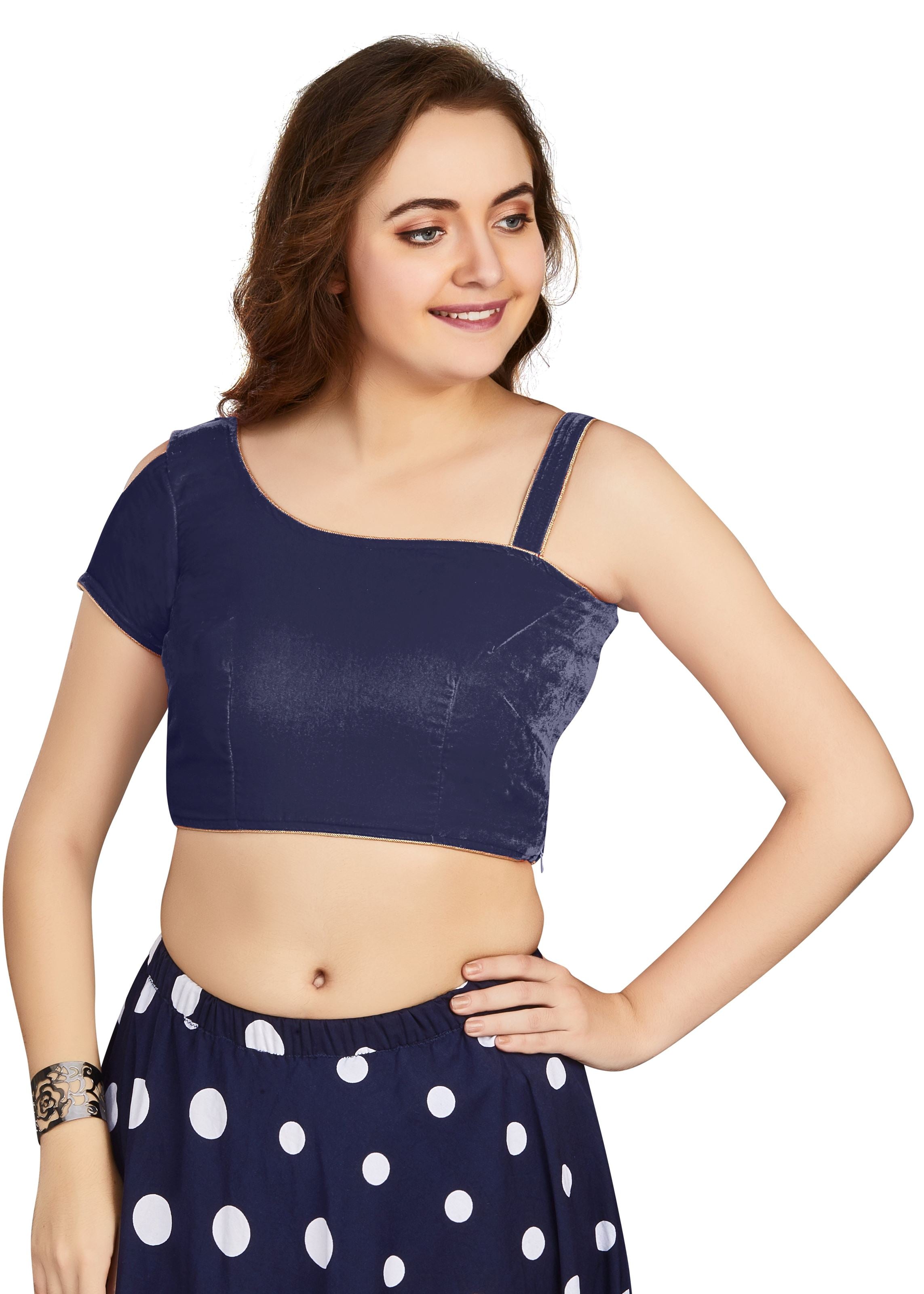 Navy Blue Velvet Boat Neck Plain Blouse