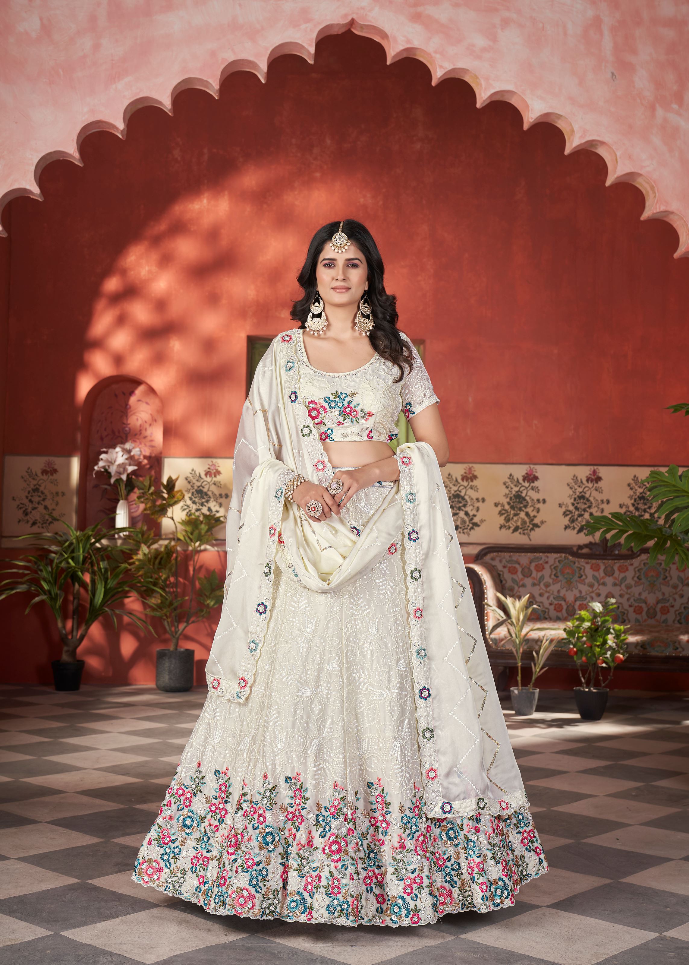 Offwhite Chinnon Lehenga with Multi Thread Copper Sequin Work