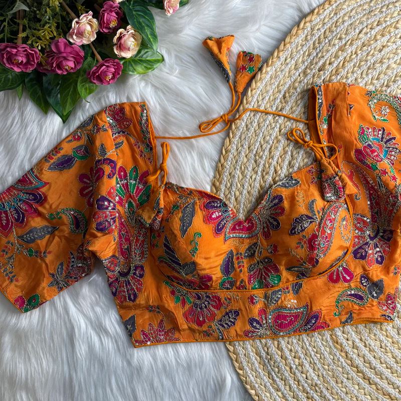 Orange Position Print Masaba Blouse With Codding Sequence Work