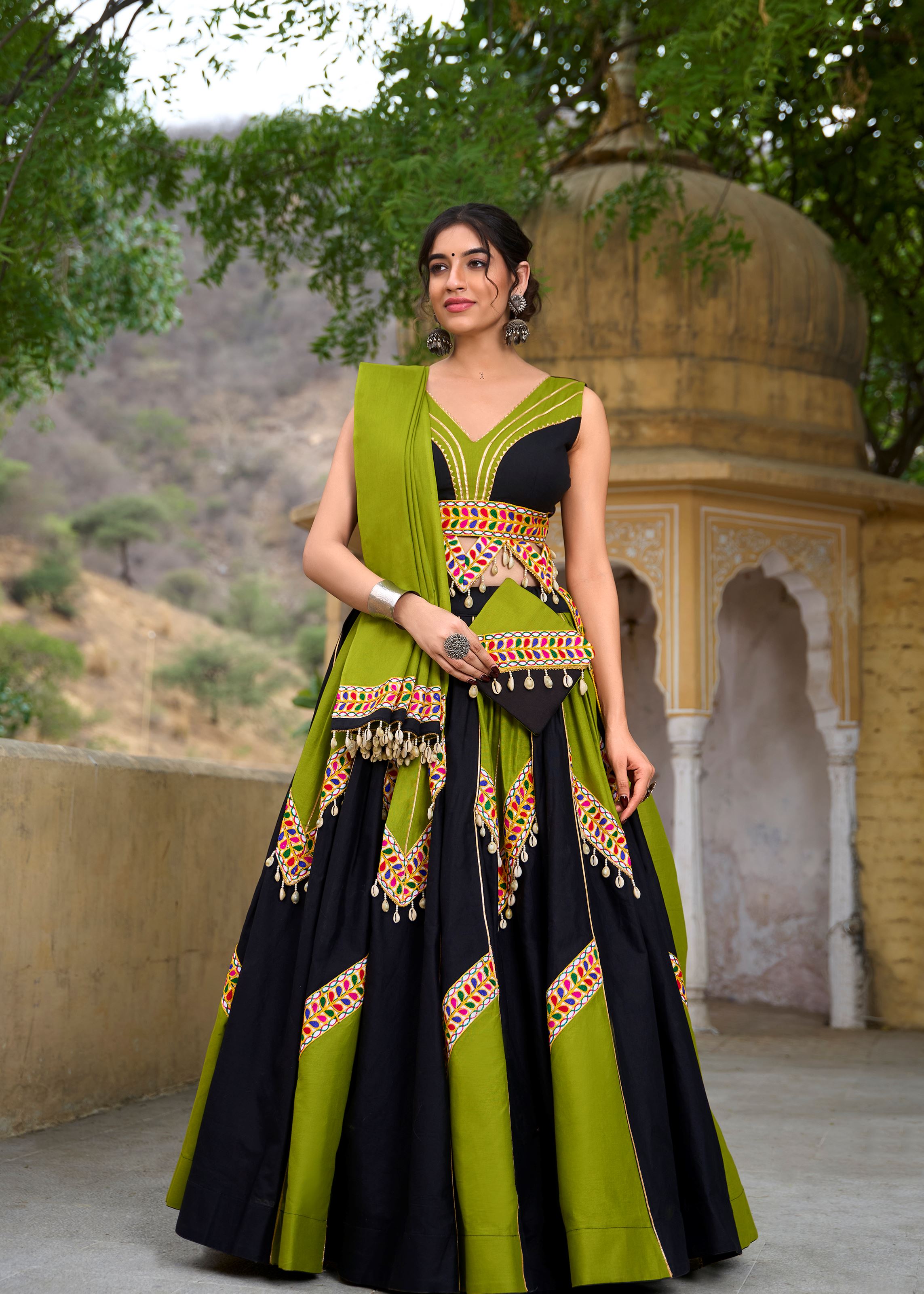 Parrot-Black Gamthi Work Lehenga Choli with Gota Patti Kodi Lace