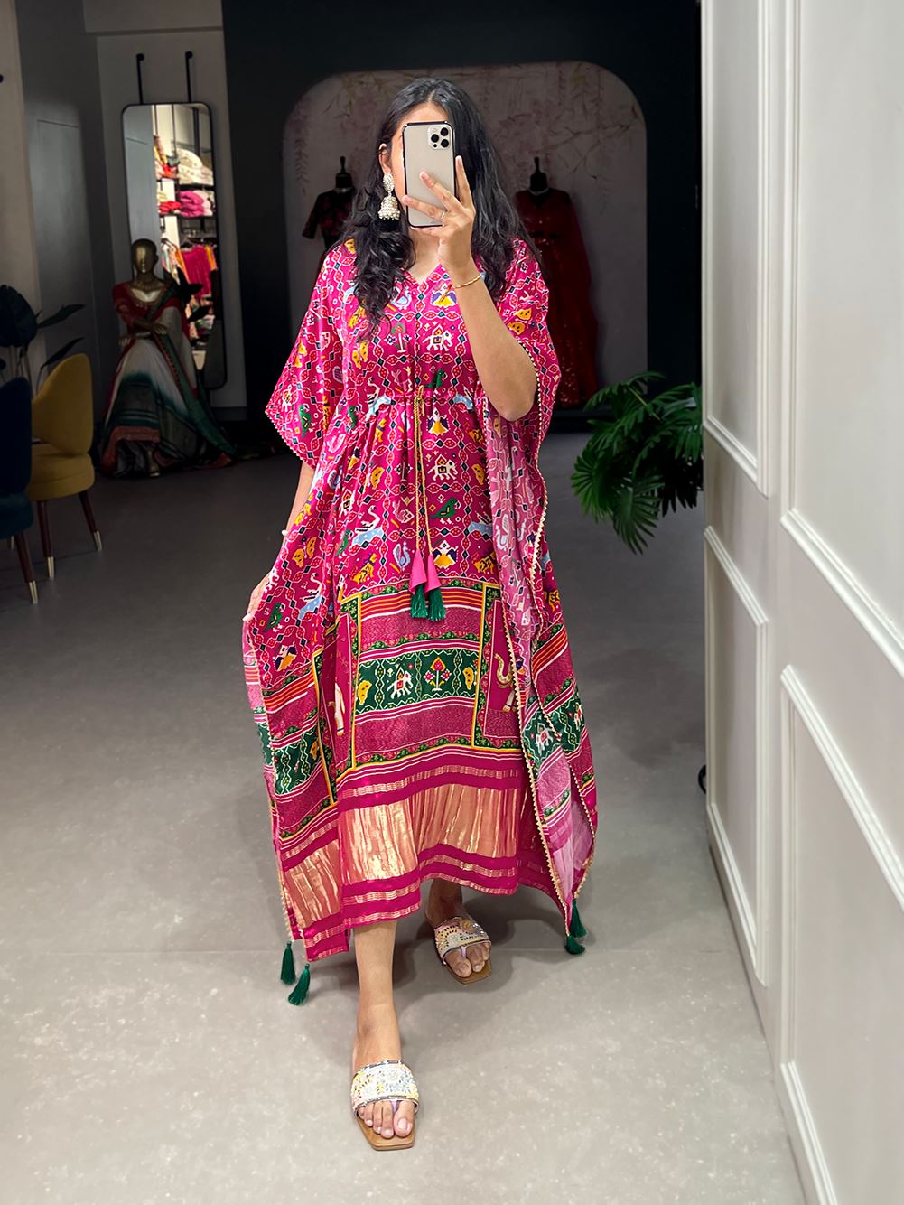 Pink Color Pure Gaji Silk Kaftan with Gotta Patti Tassels