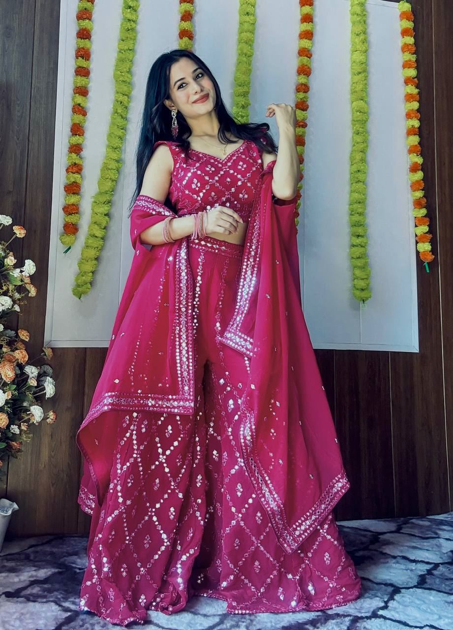 Pink Lehenga Choli with Foil Mirror Work & Thread Embroidery