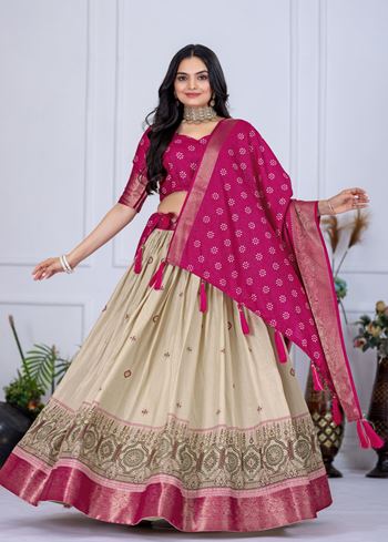 Beige Lehenga Choli with Jacquard Jari Lining and Printed Detailing