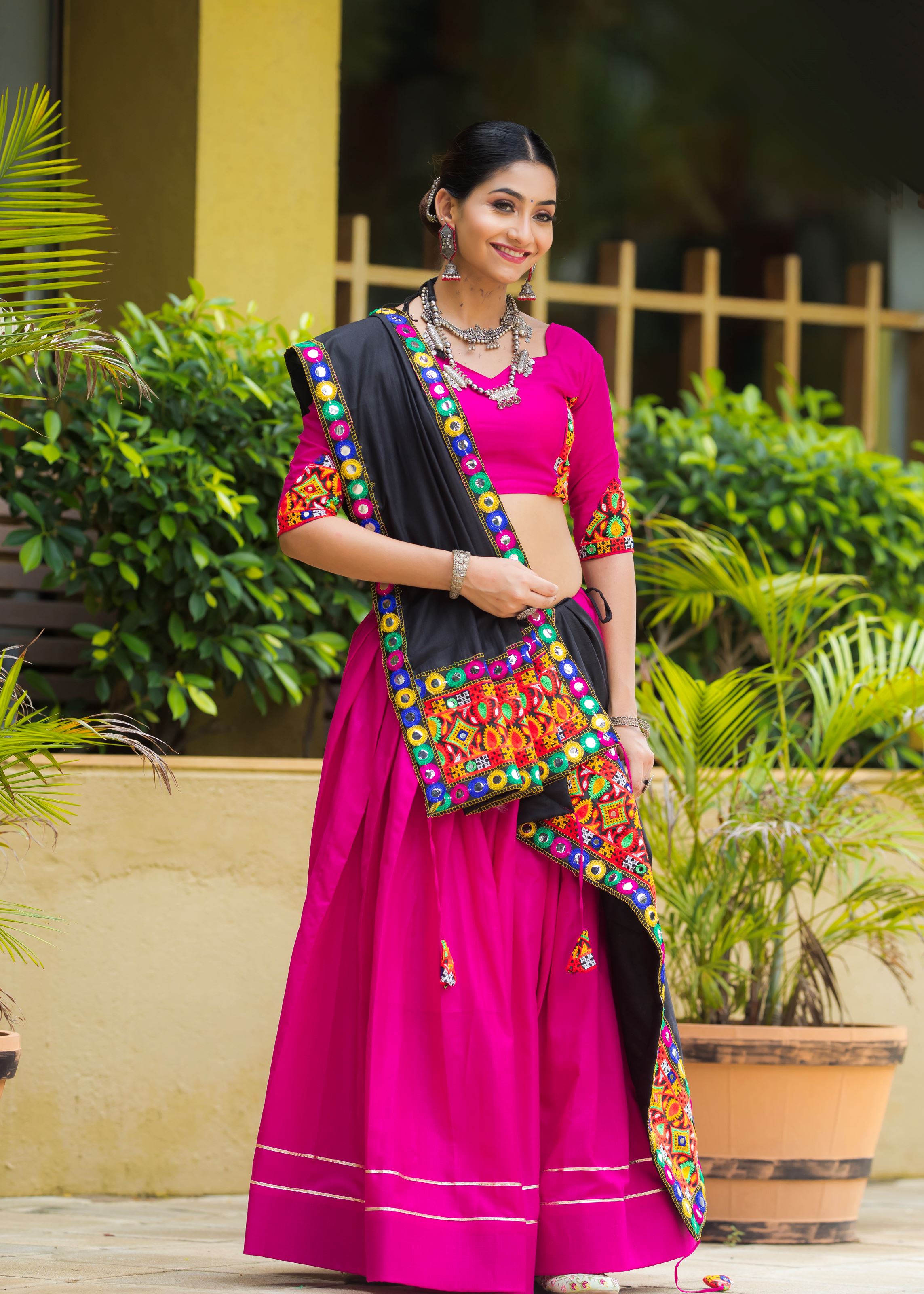 Pink Navratri Chaniya Choli With Gamthi Work Butta