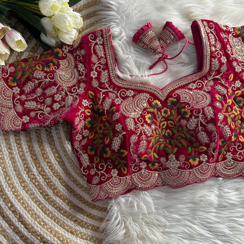 Pink Velvet Bridal Blouse with Multicolor Thread & Zardosi Embroidery