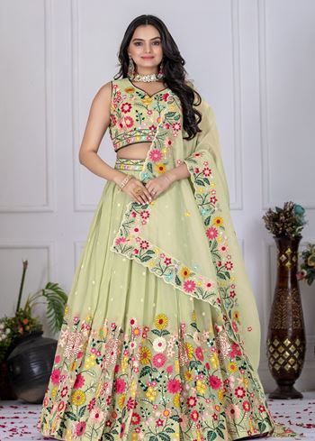 Pistagreen Lehenga Choli With Sequence Embroidery & Thread Work