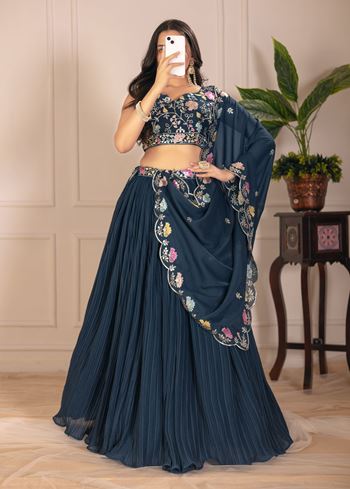 Rama Lehenga Choli With Embroidery With Multi Thread Sequence Work