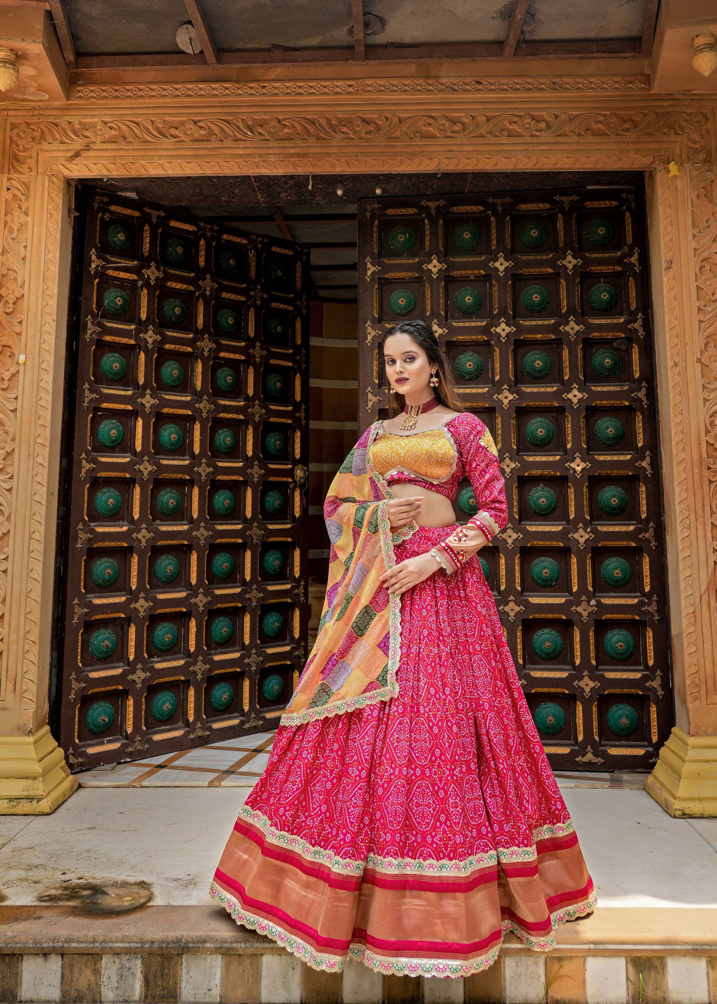 Rani Lehenga Choli With Heavy Discharge Print Heavy Embroidery Thread Sequins Work