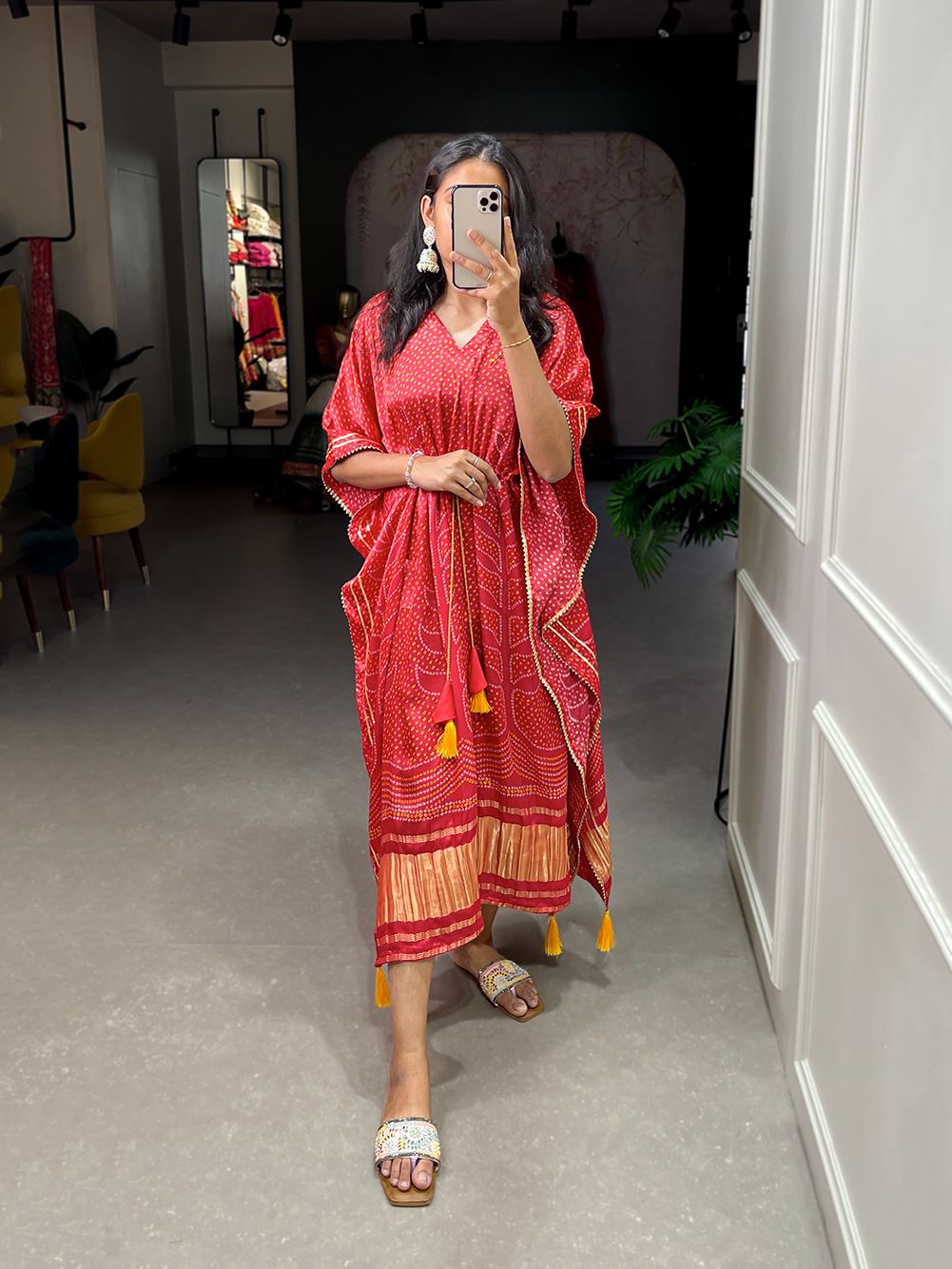 Red Color Pure Gaji Silk Kaftan with Gotta Patti Tassels
